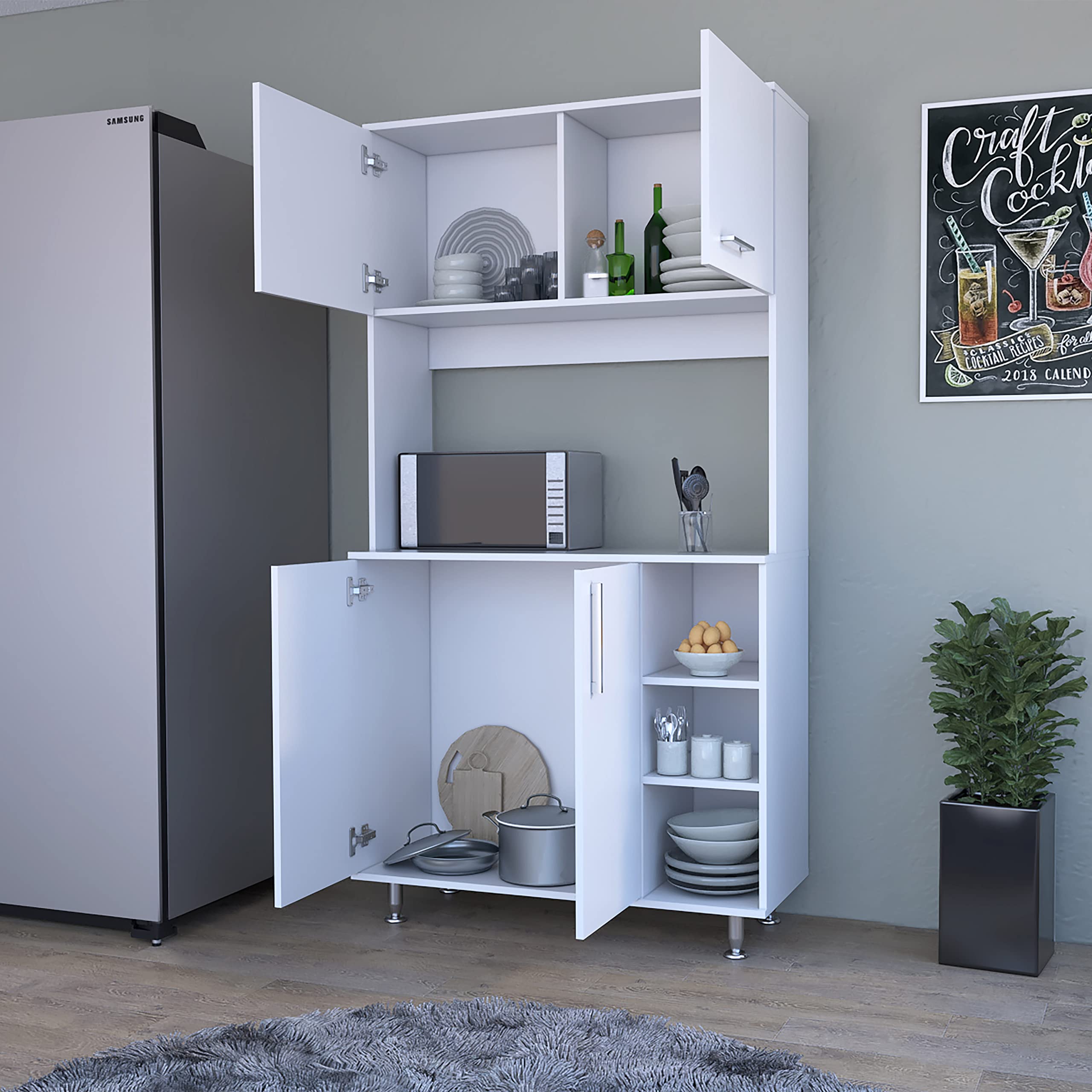 White Colorado Pantry Cabinet with 3 Open Shelves & 1 Storage Cabinet - Kitchen Organization Solution for Spices, Cookbooks & Small Appliances