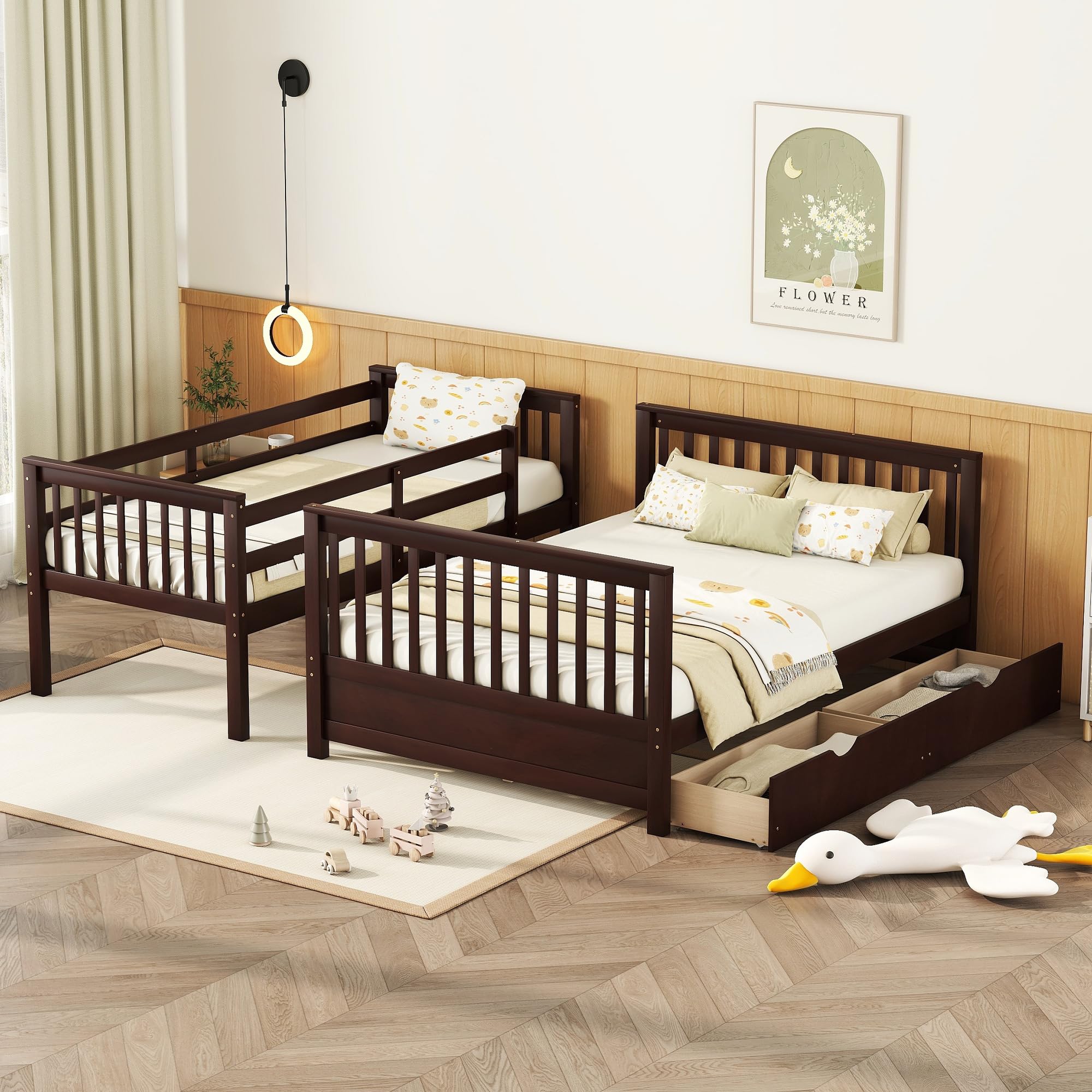 Harper & Bright Designs Twin Over Full Bunk Bed with Storage Drawers - Solid Pine Wood Frame, Safety Guard Rails & Ladder - Space Saving Kids & Teens Bunk Bed for Boys & Girls - No Box Spring Needed - Espresso Finish - Perfect for Small Bedrooms, Shared Kids Rooms & Vacation Homes