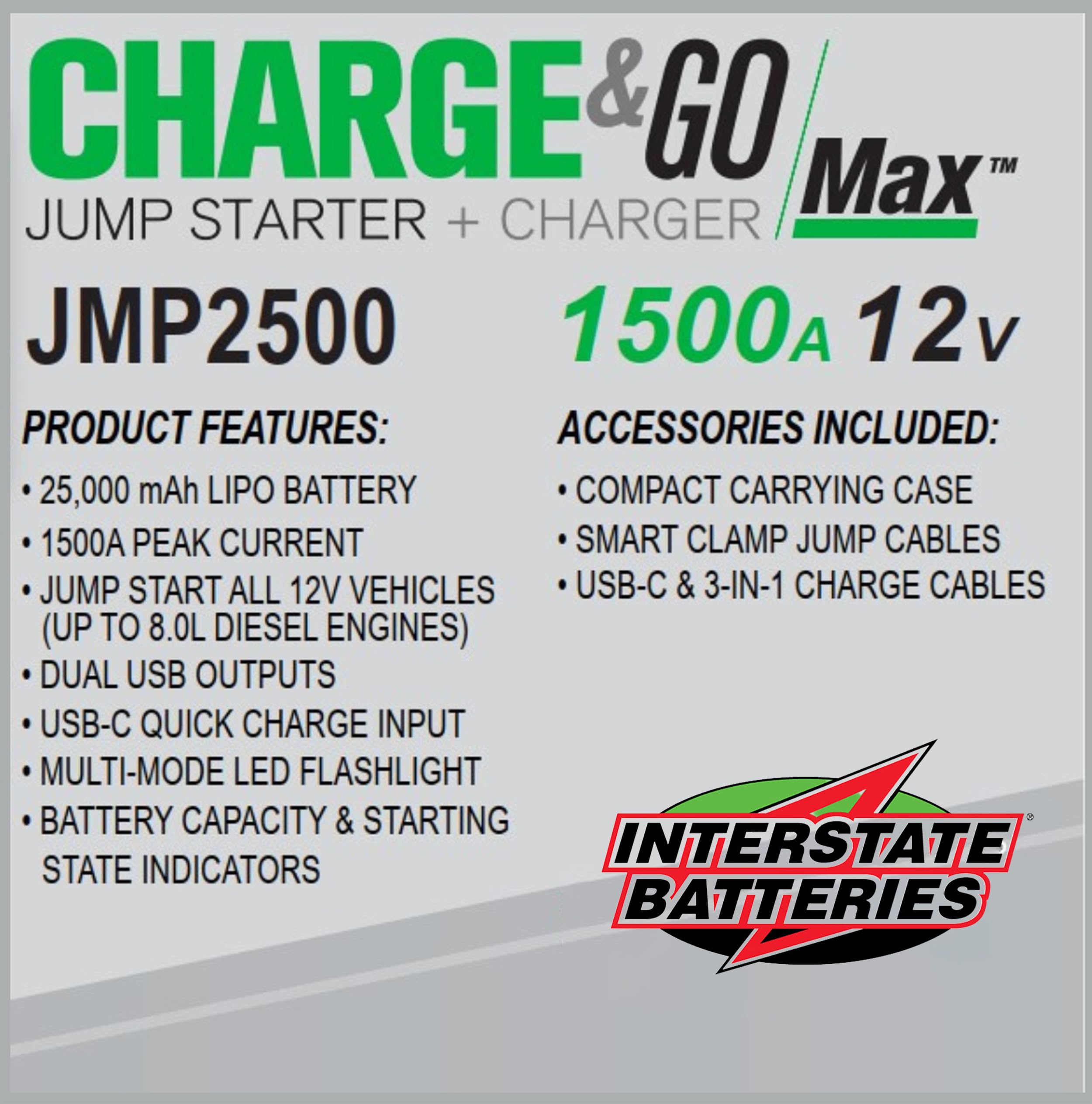 Interstate Batteries 12V 1500A Jump Starter (25,000mAh) - Portable Car Battery Charger & Power Bank for Cars, Trucks, SUVs - Emergency Jump Start Kit with LED Light & USB Ports - Perfect for Roadside Emergencies & Outdoor Adventures