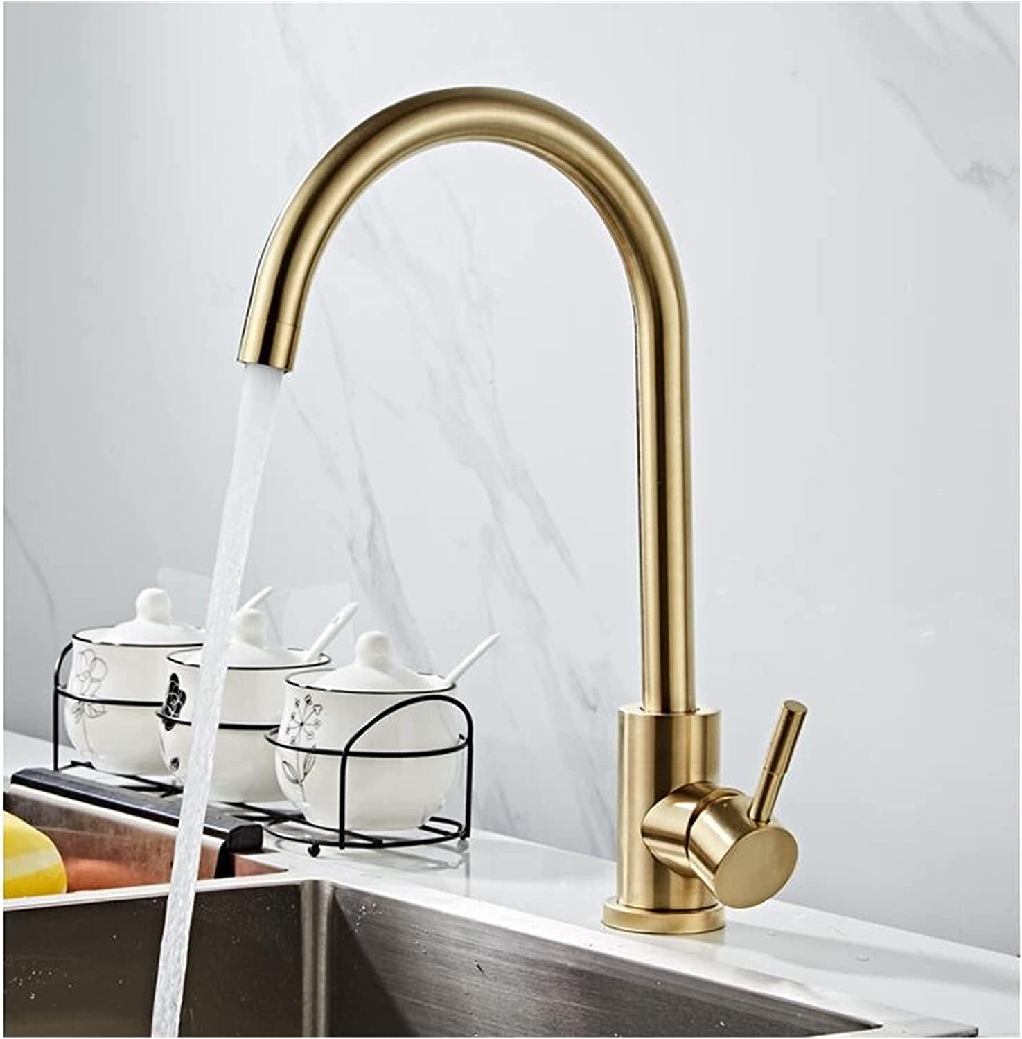 Stainless Steel Single Lever Kitchen Sink Faucet with Brushed Gold Finish - Hot & Cold Water Mixer Tap for Modern Home, Restaurant & Commercial Use