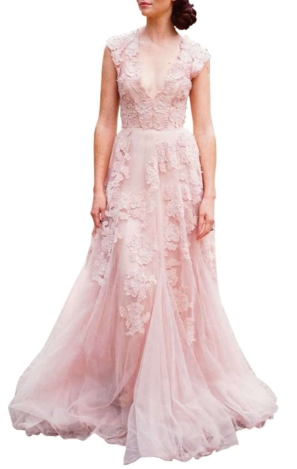 Ruolai Vintage Lace Wedding Dress for Women - Cap Sleeves Boho Bridal Gown for Beach, Garden & Outdoor Ceremonies | Elegant Romantic Wedding Attire