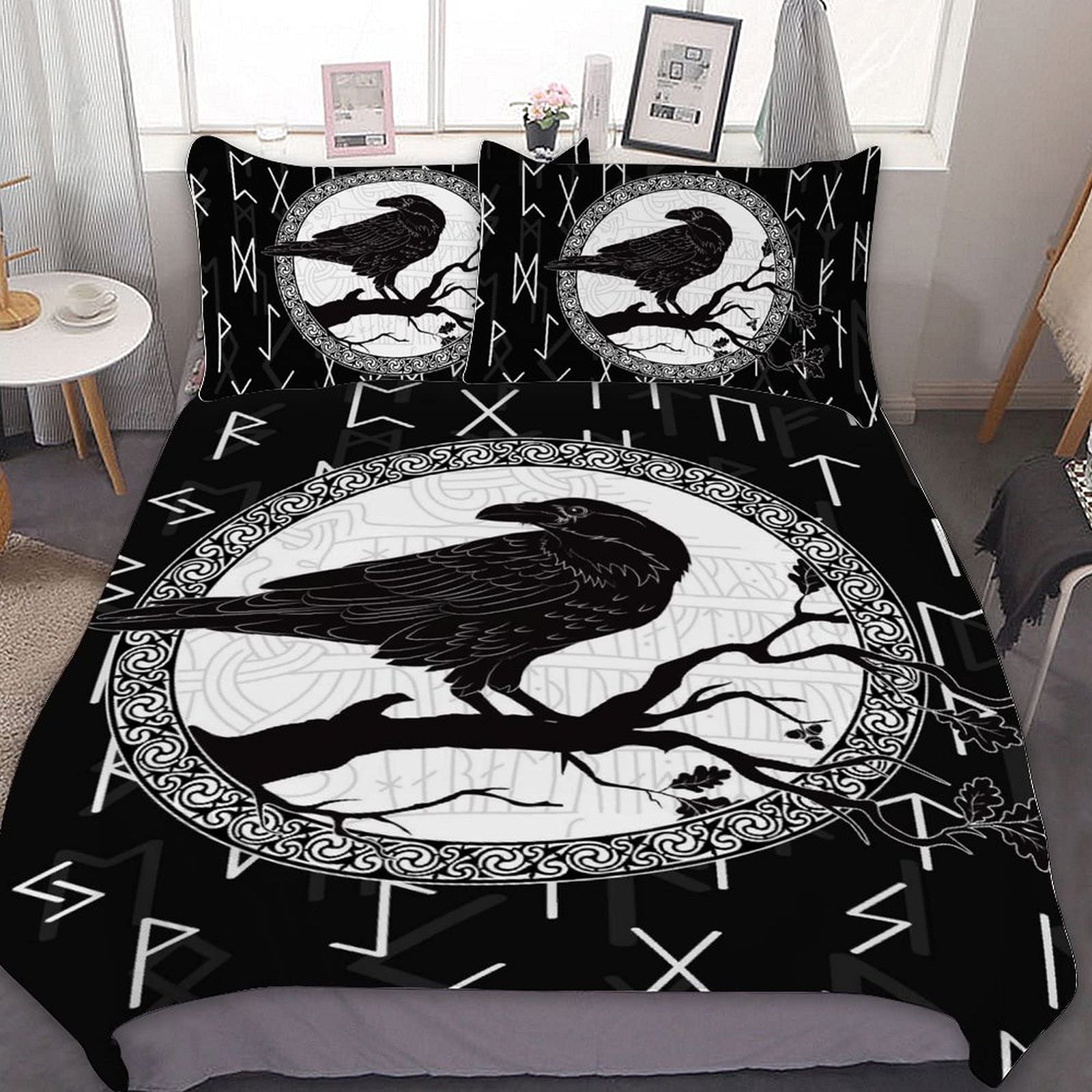 Viking Raven Duvet Cover Set with Norse Runes - King Size Scandinavian Bedding (Includes 2 Pillowcases) for Nordic Themed Bedroom Decor