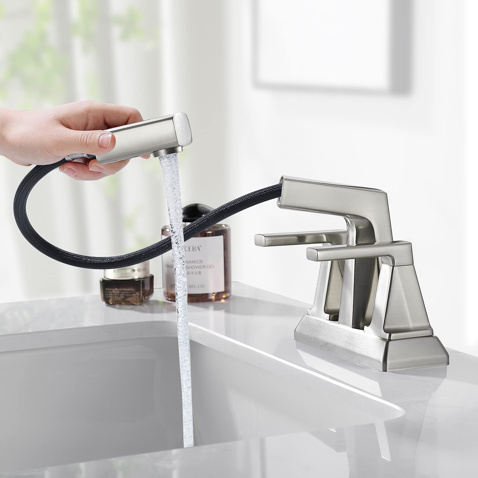 HANLIAN Brushed Nickel 2-Handle Centerset Bathroom Sink Faucet with Pull-Out Sprayer & Retractable Hose - 4 Inch 3-Hole Installation, Hot & Cold Water Mixing Valve - Perfect for Modern Bathrooms, Powder Rooms & Guest Baths