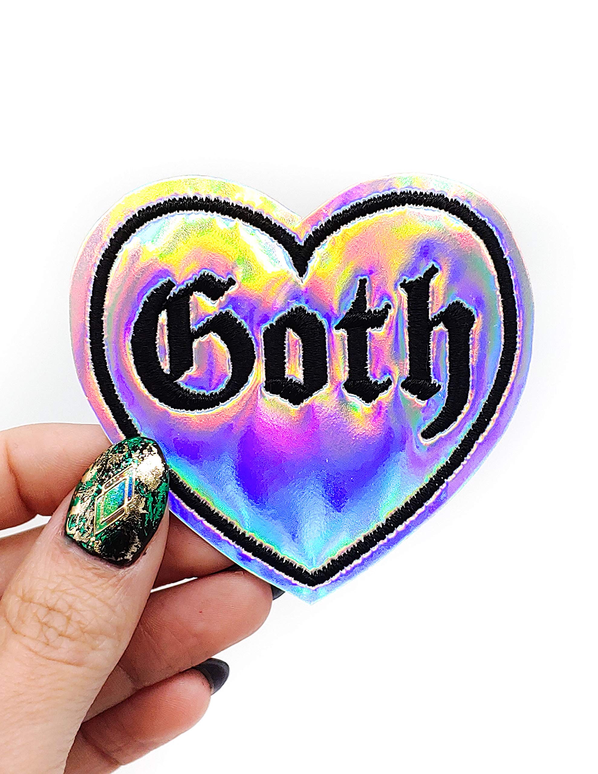 Goth Holographic Vinyl Iron On Embroidered Patch - DIY Clothing Decoration for Jackets, Bags, and Accessories - Perfect for Punk, Gothic, and Alternative Fashion Styles