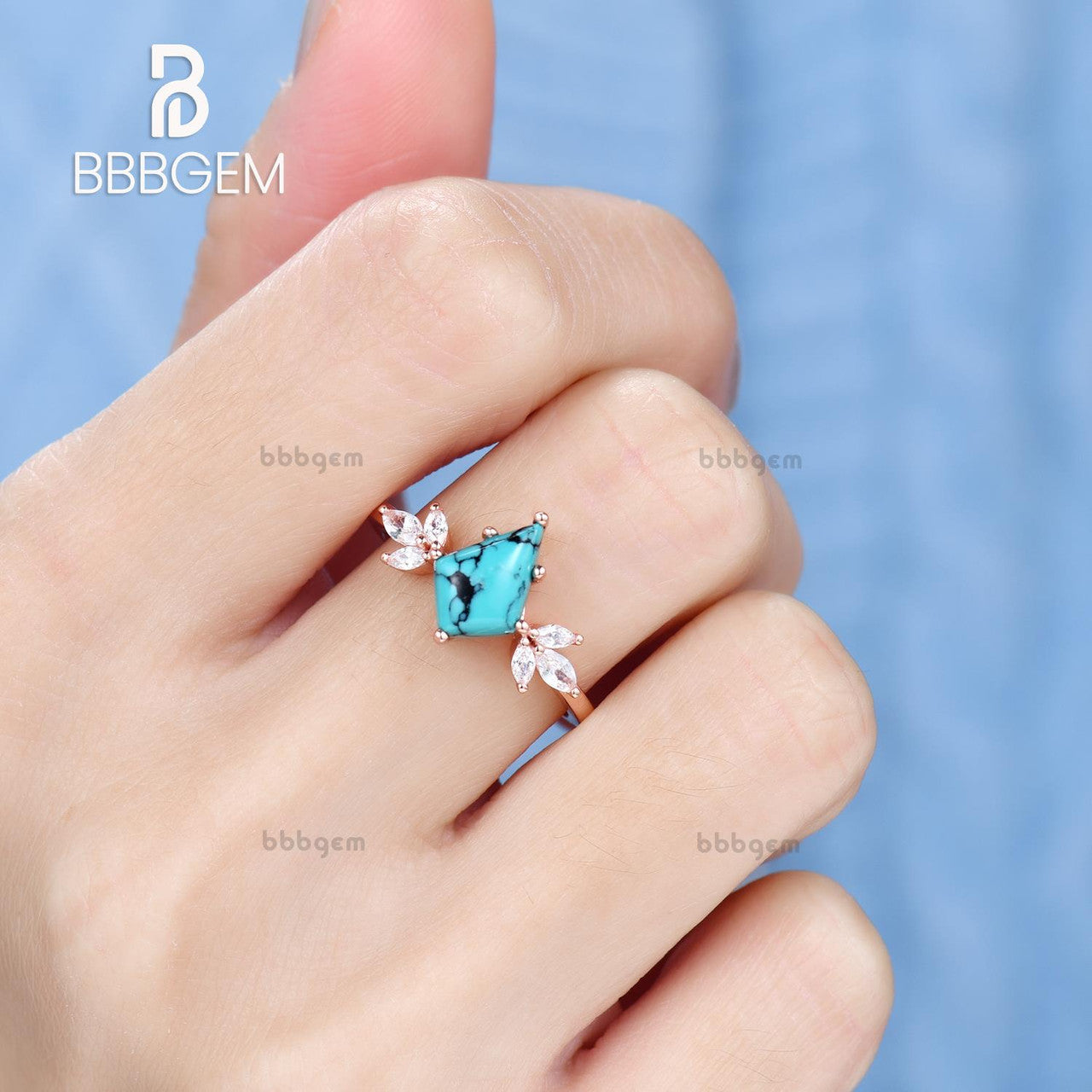 Vintage Kite Cut Turquoise Engagement Ring in Solid Rose Gold with Marquise Moissanite Accents - Perfect for Wedding, Proposal & Anniversary Gifts