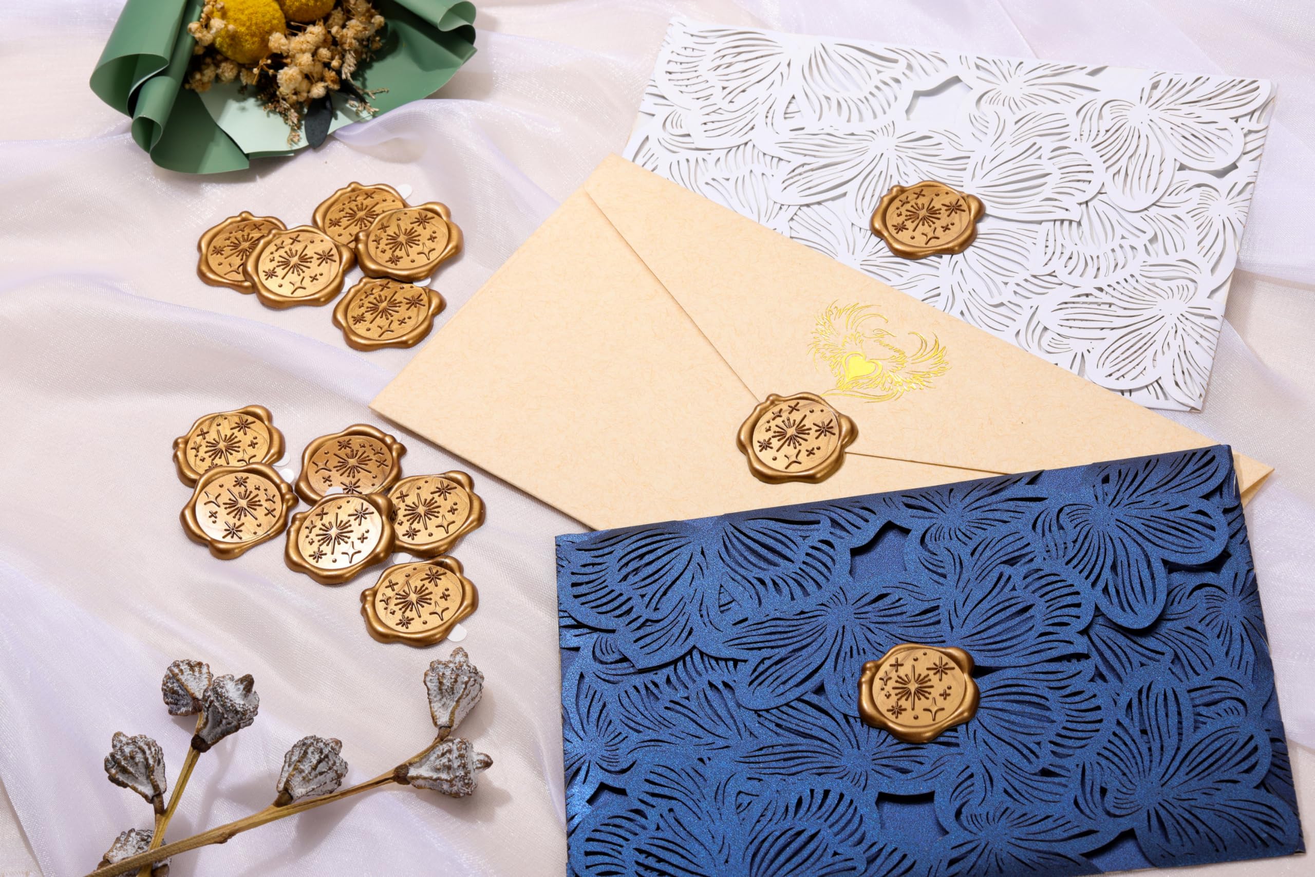 Yoption 50-Pack Antique Gold Self-Adhesive Wax Seal Stickers for Wedding Invitations, Envelopes & Gift Wrapping - Perfect for Parties, Christmas & Special Occasions