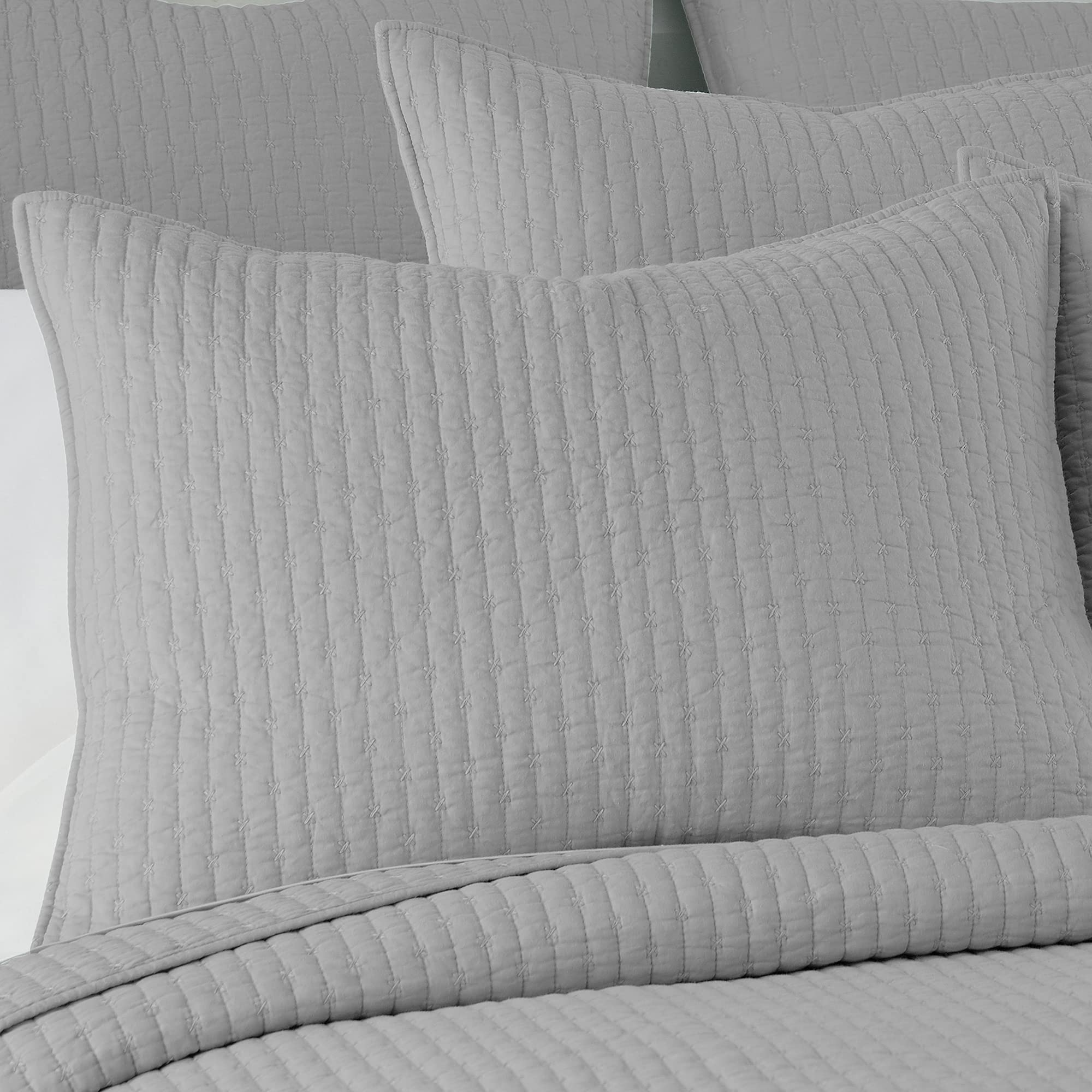 Levtex Home - 100% Cotton Reversible Cross Stitch Light Grey Quilt Set - Full/Queen Size (88x92in) with 2 Standard Shams (26x20in) - Soft Bedding for Cozy Bedroom Decor & Guest Room Essentials