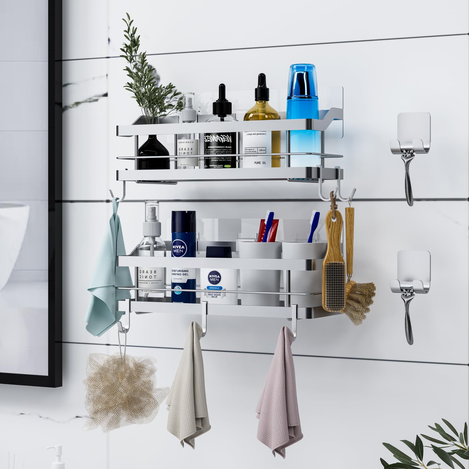 Carwiner 2-Pack Shower Caddy with 8 Hooks - SUS304 Stainless Steel Bathroom Shelf & Wall Mounted Storage Organizer for Shampoo, Conditioner & Kitchen Supplies | No Drilling Installation | Perfect for Small Bathrooms & Apartment Living