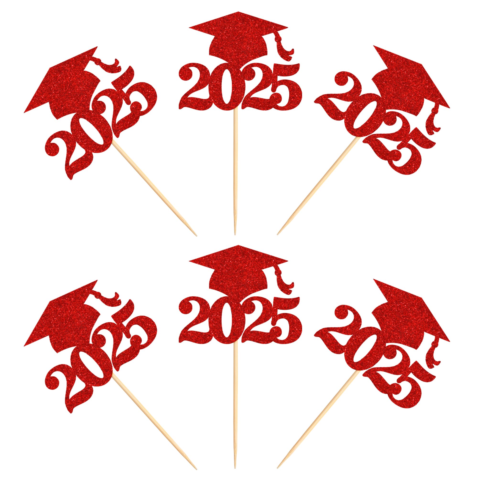 36 Pack 2025 Graduation Cap Cupcake Toppers - Glitter Class of 2025 Decorations for Graduation Party Supplies (Red) - Perfect for Graduation Cakes, Cupcakes, and Dessert Table Decor