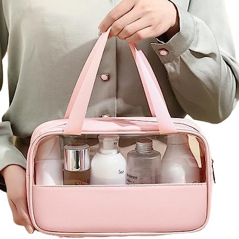 Waterproof PVC Cosmetic Bag for Women & Girls - Multi-Functional Makeup Pouch, Travel Toiletry Organizer, Wash Bag for Bath Accessories & Grooming Kit (Pink) | Perfect for Travel, Gym, Beach & Daily Beauty Storage