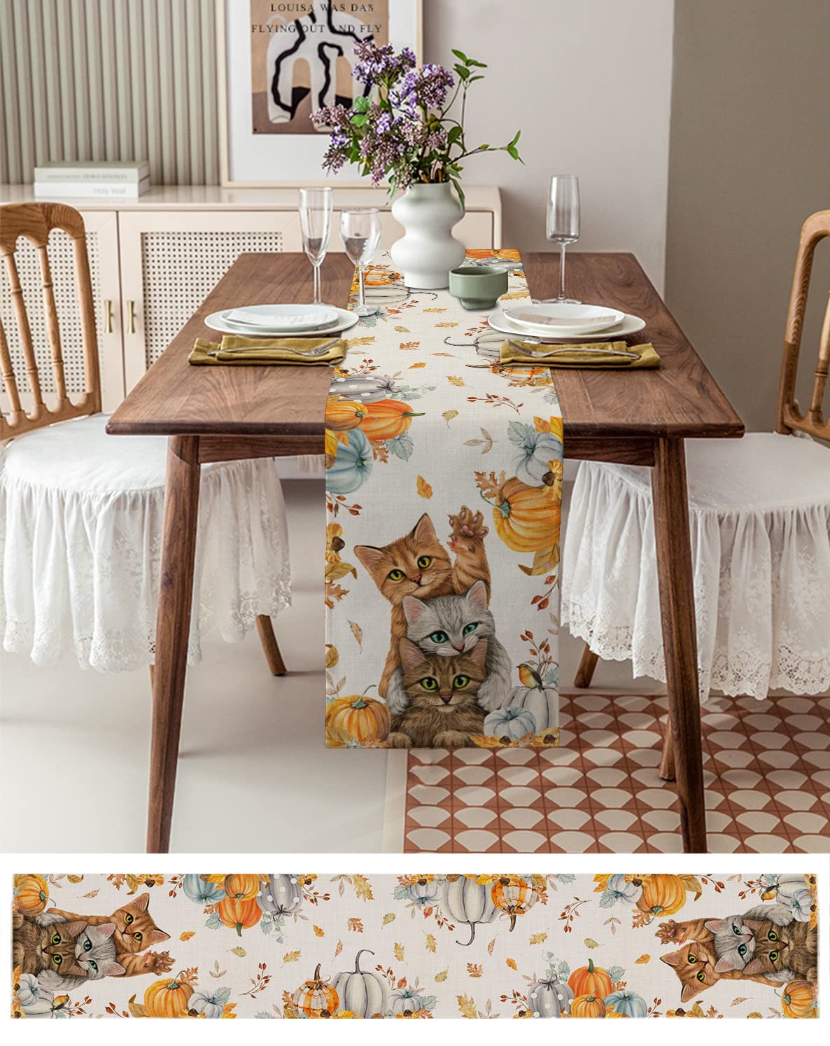 72 Inch Cotton Linen Table Runner - Thanksgiving & Fall Farmhouse Decor with Pumpkin Cats & Maple Leaf Design for Dining Table, Coffee Table, Wedding Party | Rustic Burlap Kitchen & Home Decoration Scarf