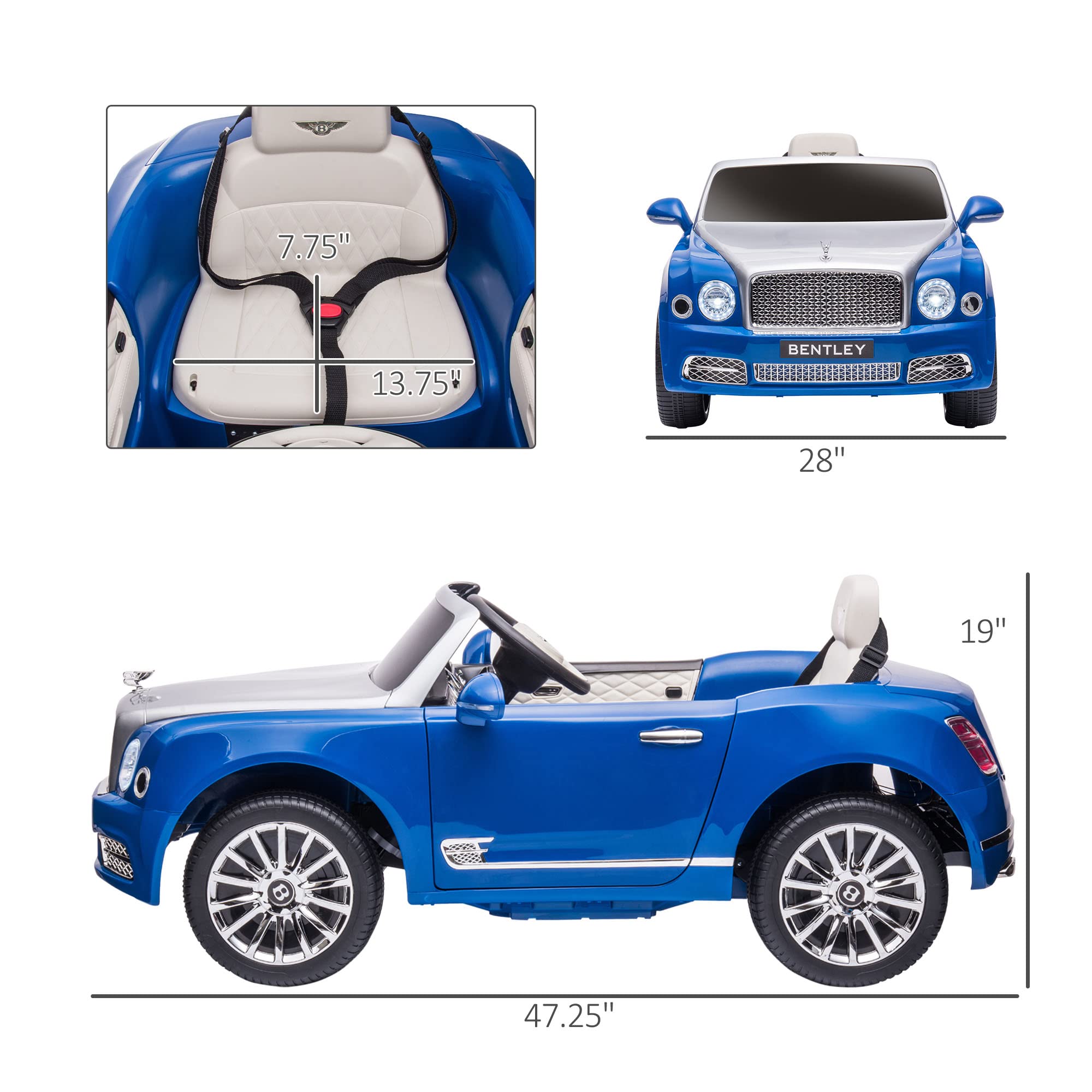 Aosom Bentley Mulsanne 12V Kids Ride-On Car with Remote Control - Battery Powered Toy Car with LED Lights, MP3 Player, Suspension & Realistic Sounds - Perfect for Outdoor Play & Birthday Gifts for Boys & Girls Ages 3-8