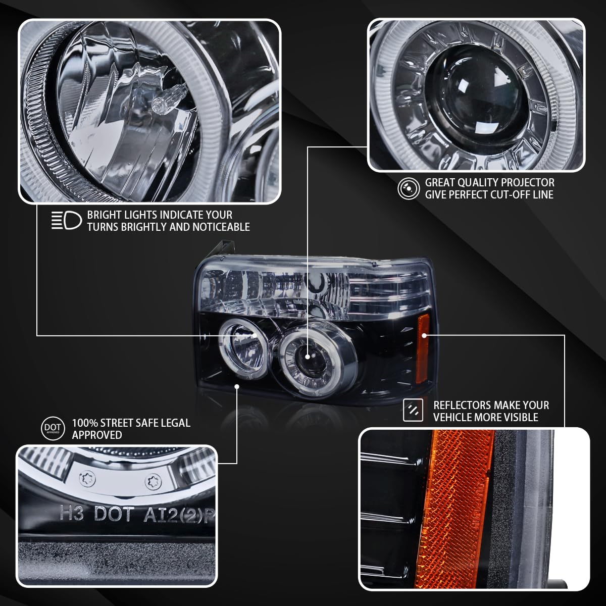 Ford F-150/F-250/F-350 Bronco Headlights 1992-1996 - Black Halo Projector for Off-Road & Night Driving