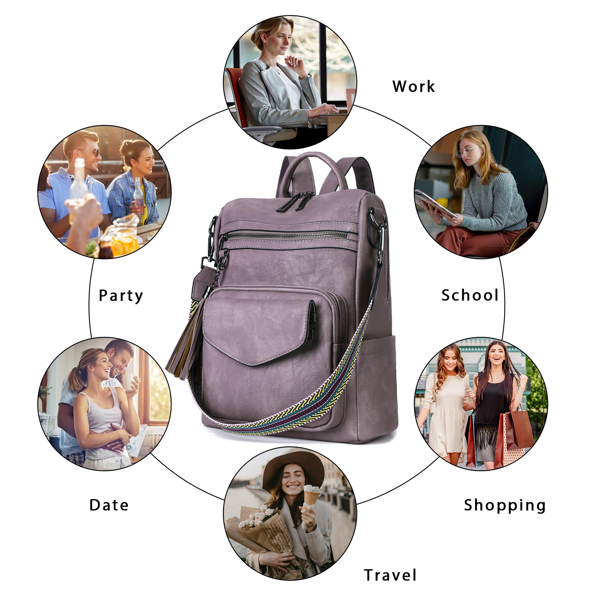 OPAGE Women's Leather Backpack Purse - Fashion Designer Travel Backpack with Shoulder Straps & Wristlet - Perfect for Work, School & Travel (Purple)