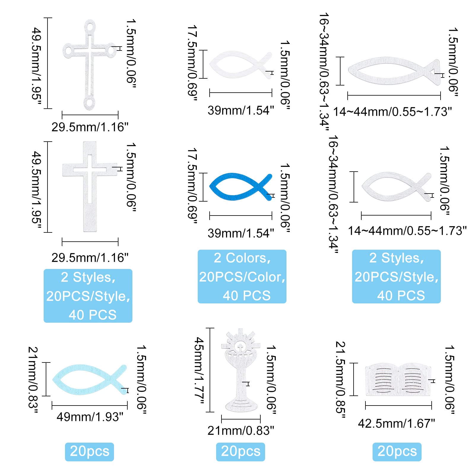 SUPERFINDINGS 180Pcs Blue & White Wooden Fish Decorations - 9 Styles Poplar Wood Jesus Fish Cross Scatter Decor for Baptism, Church Events, Wedding Centerpieces & Table Party Decorations