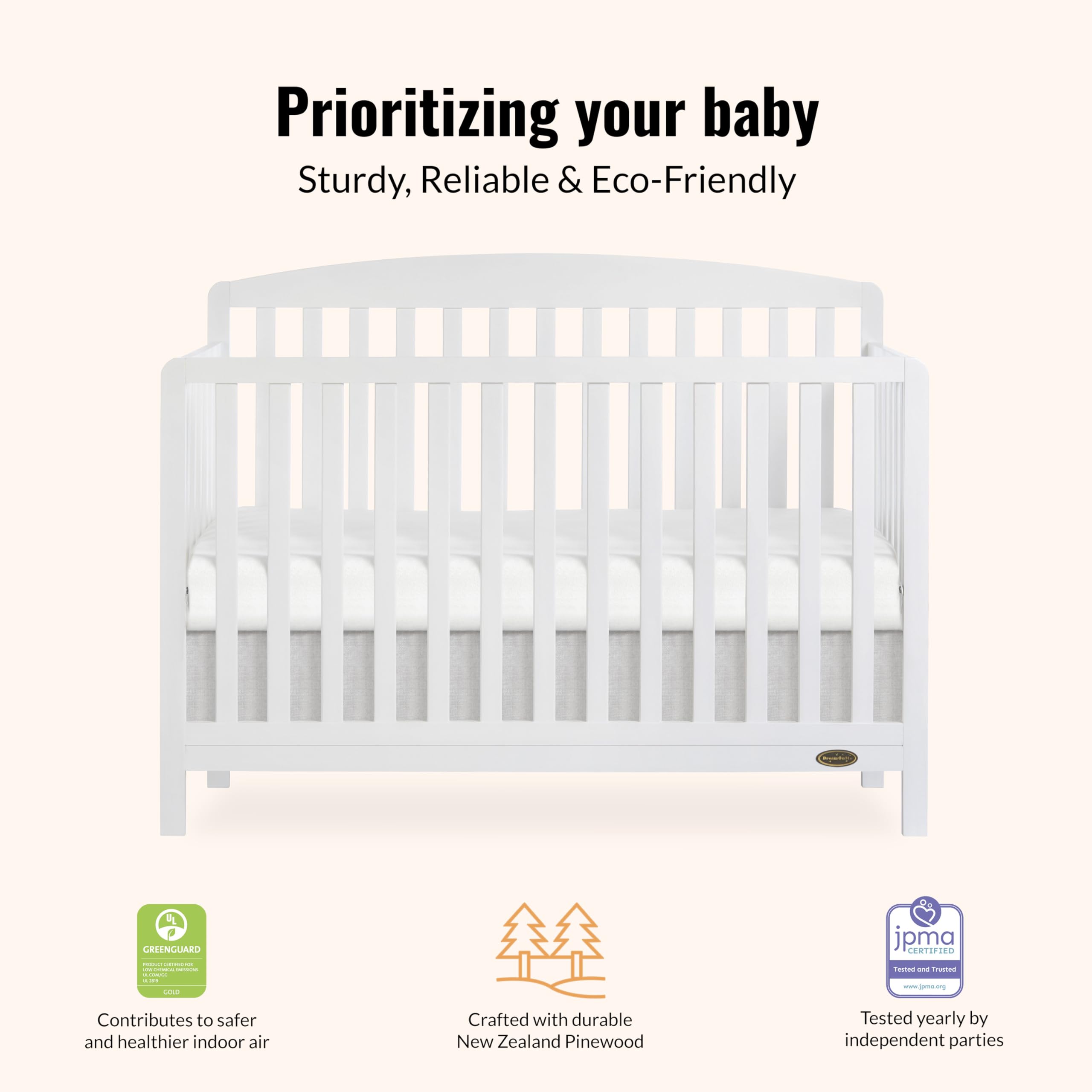 Dream On Me Odelle 5-in-1 Convertible Crib - JPMA & Greenguard Gold Certified, Sustainable Pinewood, 3 Adjustable Mattress Heights, Non-Toxic Finish - Perfect for Nursery, Toddler Room & Growing Families (White)