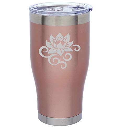 Rose Gold Double Wall Vacuum Insulated Stainless Steel Tumbler Travel Mug with Lotus Flower Scroll Design - 24oz Leakproof Cup for Coffee, Tea & Cold Drinks - Perfect for Office, Commuting & Outdoor Activities