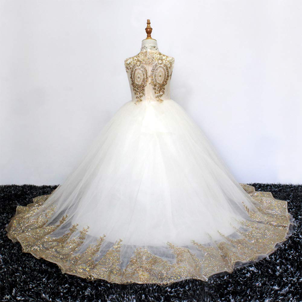 Elegant Gold Lace Flower Girl Dress - Long Puffy Tulle Ball Gown for Pageants, Prom & Special Occasions | Perfect for Weddings, Birthday Parties & Formal Events