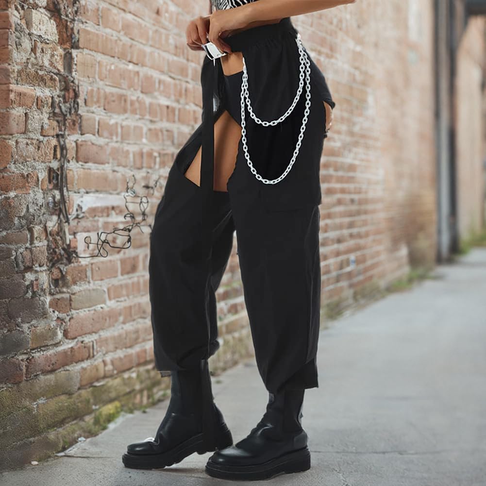 Women's High Rise Cargo Sweatpants - Reflective Rave Pants with Color Block Design | Casual Streetwear, Festival Outfits & Workout Comfort