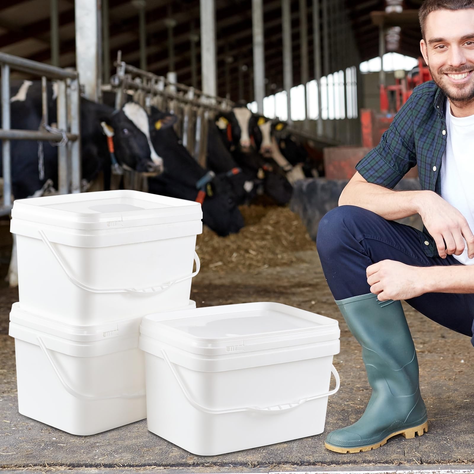3 Gallon White Plastic Square Bucket with Lid - Food Grade Storage Containers (4-Pack) | Durable Rectangular Utility Pails with Handles for Kitchen, Restaurant, and Commercial Use