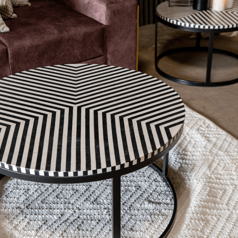 Handmade Black & White Inlay Round Coffee Table - Elegant Center Table for Living Room, Lounge & Office Decor