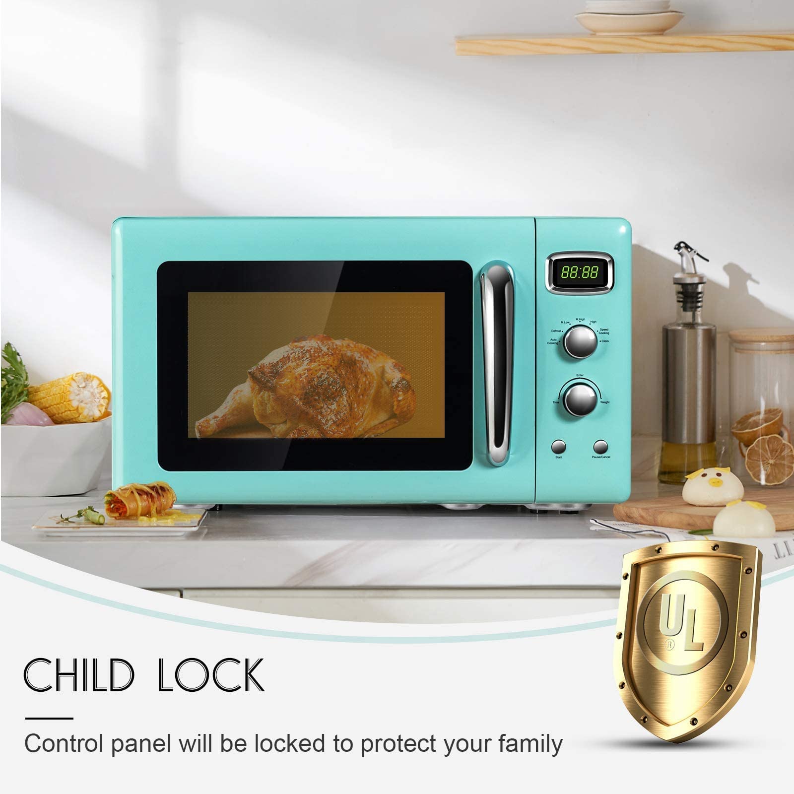 ARLIME Retro Microwave Oven 900W - 0.9 Cu.Ft Compact Countertop Microwave with Defrost, Auto Cook & Child Lock - Stainless Steel Interior, LED Display, Pull Handle - ETL Certified - Perfect for Small Kitchens, Dorms & Offices
