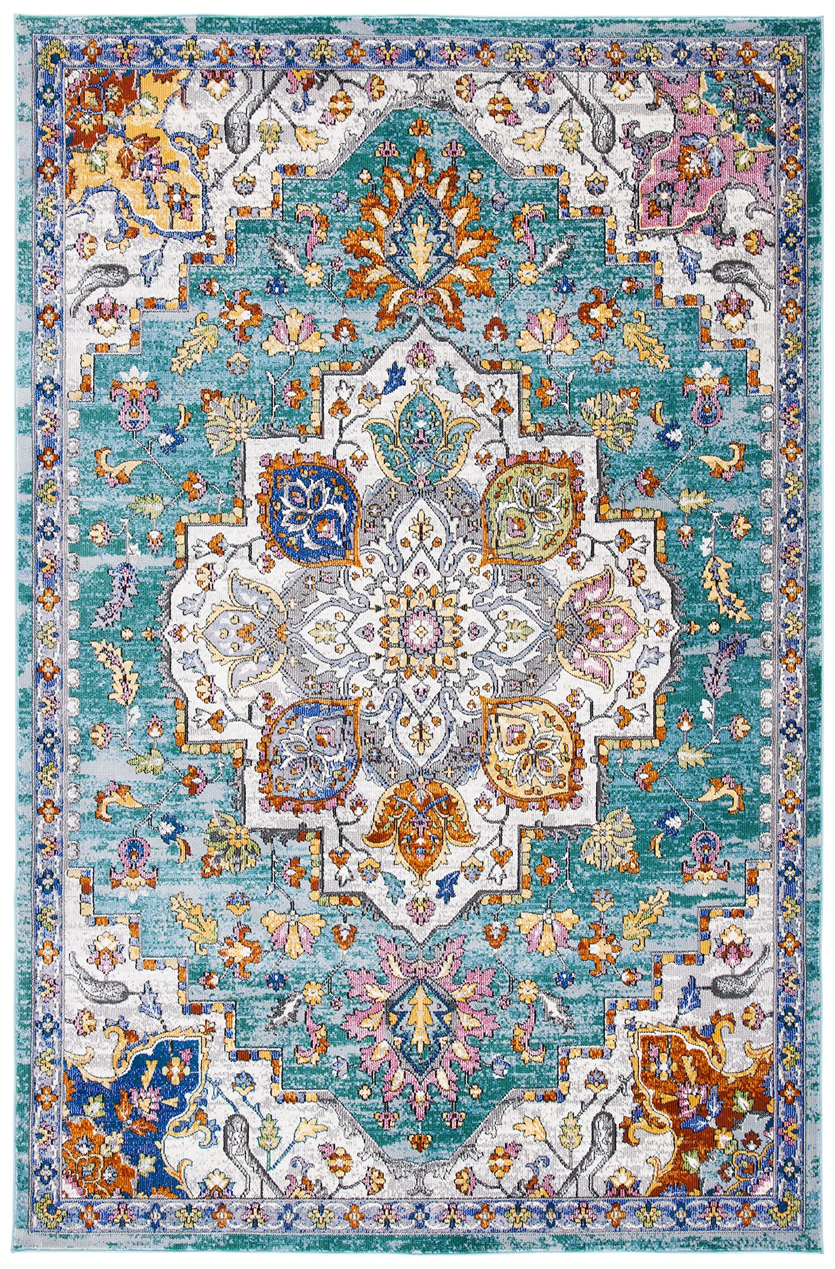 SAFAVIEH Aria Collection 9' x 12' Area Rug - Turquoise & Ivory Bohemian Chic Medallion Distressed Design, Non-Shedding & Easy Care, Perfect for High Traffic Living Room, Bedroom, Dining Room & Office (ARA102K)