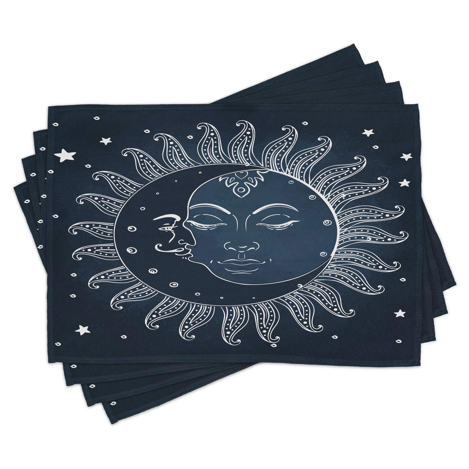 Lunarable Sun and Moon Place Mats Set of 4 - Celestial Theme Washable Fabric Placemats for Dining Room & Kitchen Table Decor in Slate Blue, Dark Blue & White | Perfect for Dinner Parties, Holiday Gatherings & Everyday Use