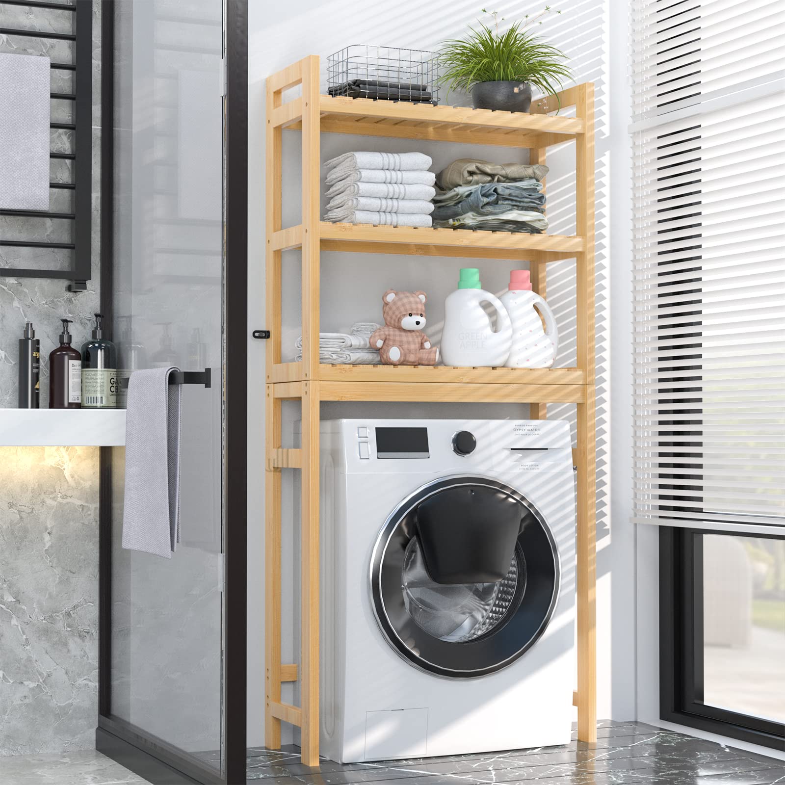Homykic 3-Tier Over The Toilet Storage Shelf - Bamboo Bathroom Organizer with 3 Hooks, Freestanding Space-Saving Rack for Small Bathrooms, Laundry Rooms & Restrooms - Easy Assembly, Natural Finish - Perfect for Organizing Towels, Toiletries & Cleaning Supplies