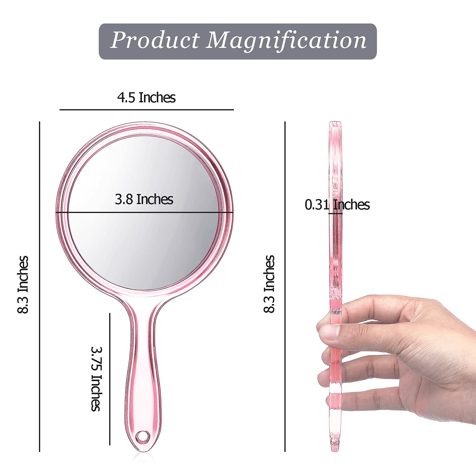 Jetec Double Sided Hand Mirror with 1X/2X Magnification - Round Makeup Mirror with Handle for Travel & Home Use (Pink) - Perfect for Makeup Application, Skincare Routine & Hair Styling