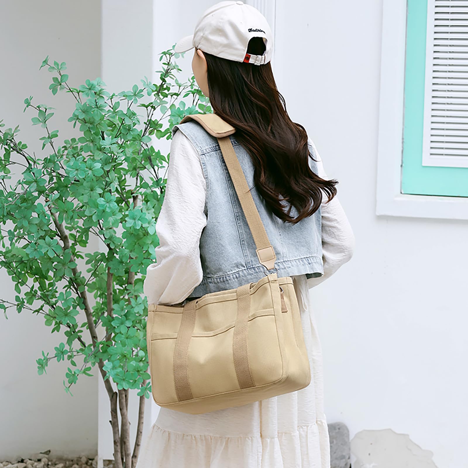 Stylish Canvas Tote Bag for Women with Multiple Pockets - Trendy Shoulder & Crossbody Handbag - Perfect for Work, Travel, Shopping & Daily Use