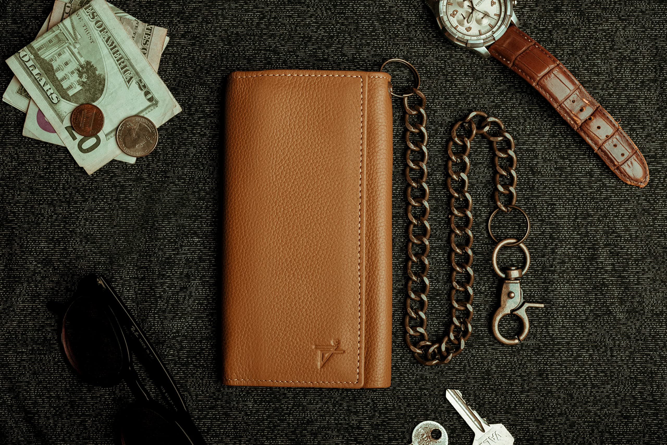 Premium Men's Leather Trifold Wallet with RFID Blocking, Checkbook Cover & Zipper Coin Pocket - Stainless Steel Chain Design for Bikers (J212C, Caramel) | Ideal for Everyday Use, Travel & Motorcycle Enthusiasts in USA