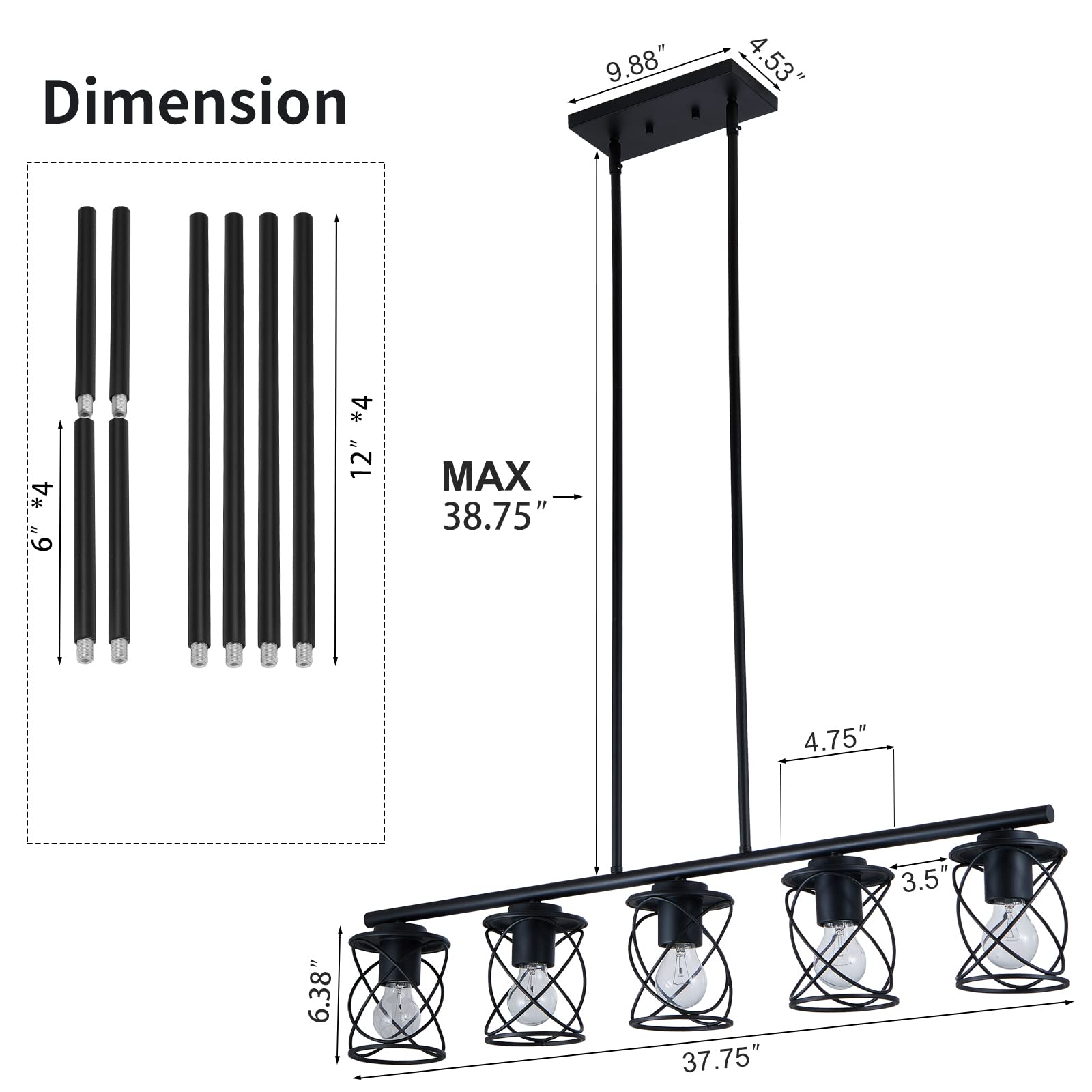 5-Light Farmhouse Linear Pendant Light - Adjustable Black Metal Kitchen Island Lighting Fixture for Dining Room, Living Room & Breakfast Bar | Perfect for Modern Farmhouse, Rustic & Industrial Decor Styles