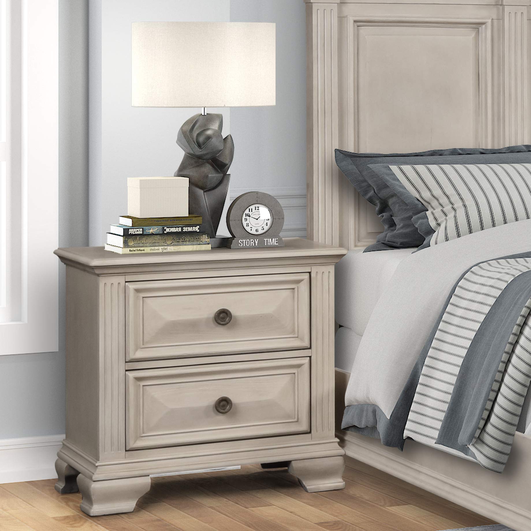 Roundhill Furniture Renova 2-Drawer Nightstand in Distressed Parchment Finish - Perfect for Bedroom, Guest Room & Apartment Decor