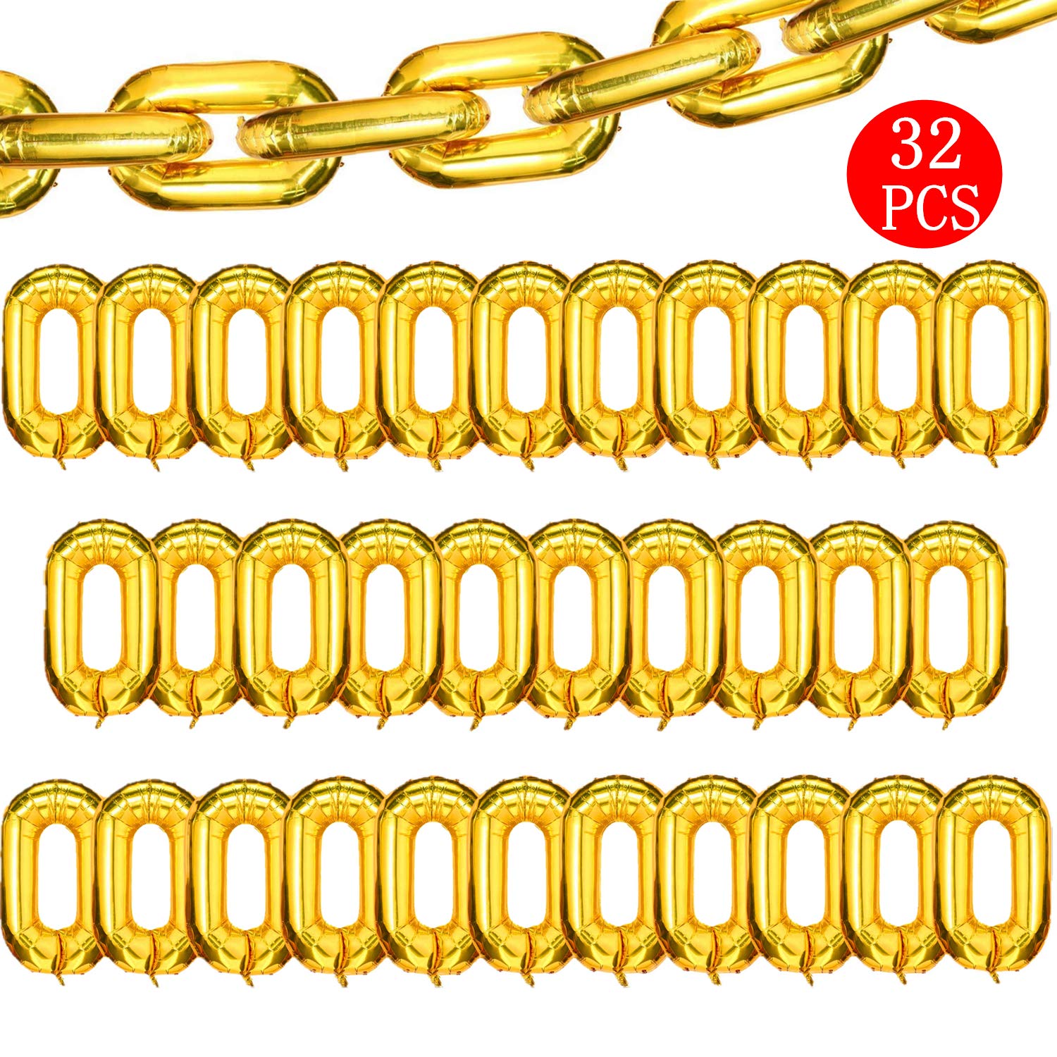 32 Pcs 16 Inch Gold Foil Chain Balloons - Jumbo 80s 90s Party Decorations, Giant Metallic Balloon Chains for Birthday, Graduation, New Year, Anniversary & Themed Party Decor