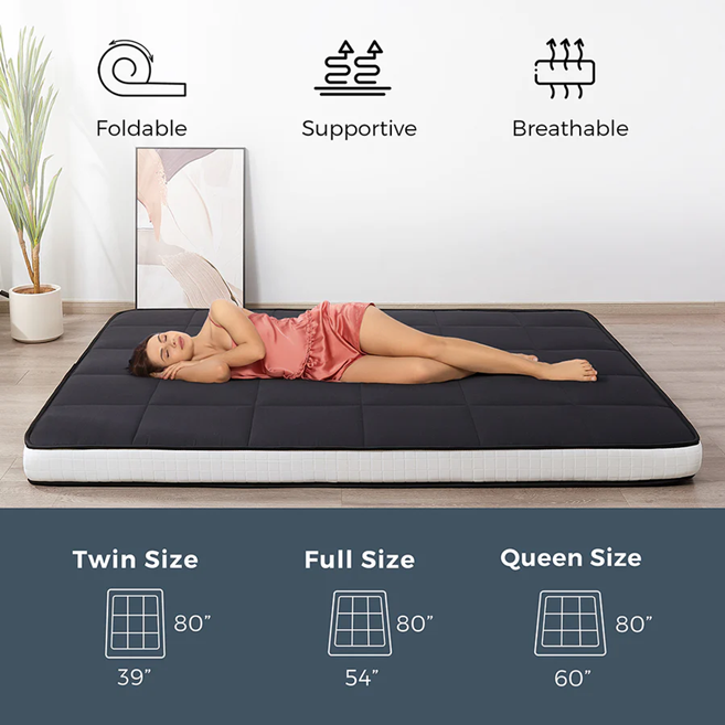 MAXYOYO Padded Japanese Floor Mattress - Black Foldable Roll Up Futon for Bedroom, Guest Room & Travel | Comfortable Floor Sleeping Mat for Adults & Kids