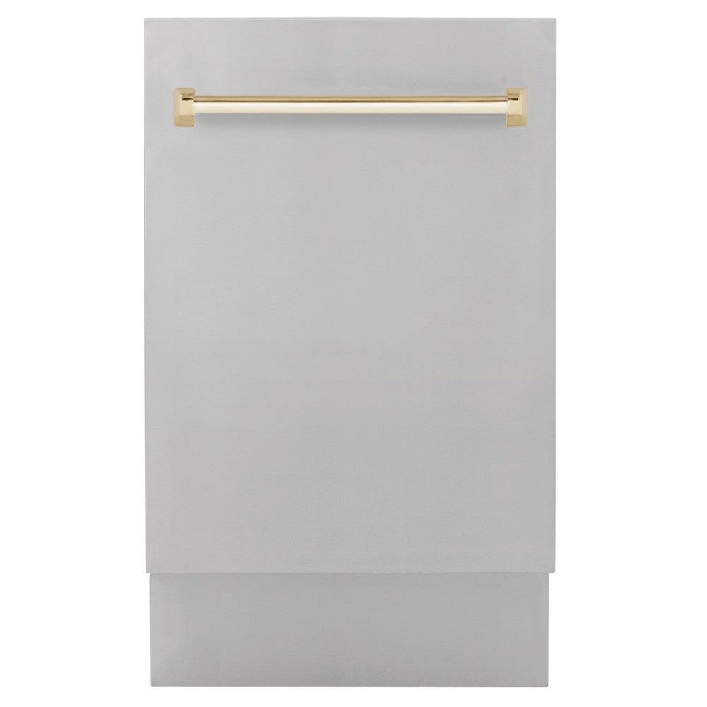 ZLINE Autograph Edition 18-inch Compact 3rd Rack Top Control Dishwasher in Stainless Steel with Polished Gold Handle - 51dBa Ultra Quiet (DWVZ 304 18 G) | Perfect for Small Kitchens, Apartments & RVs
