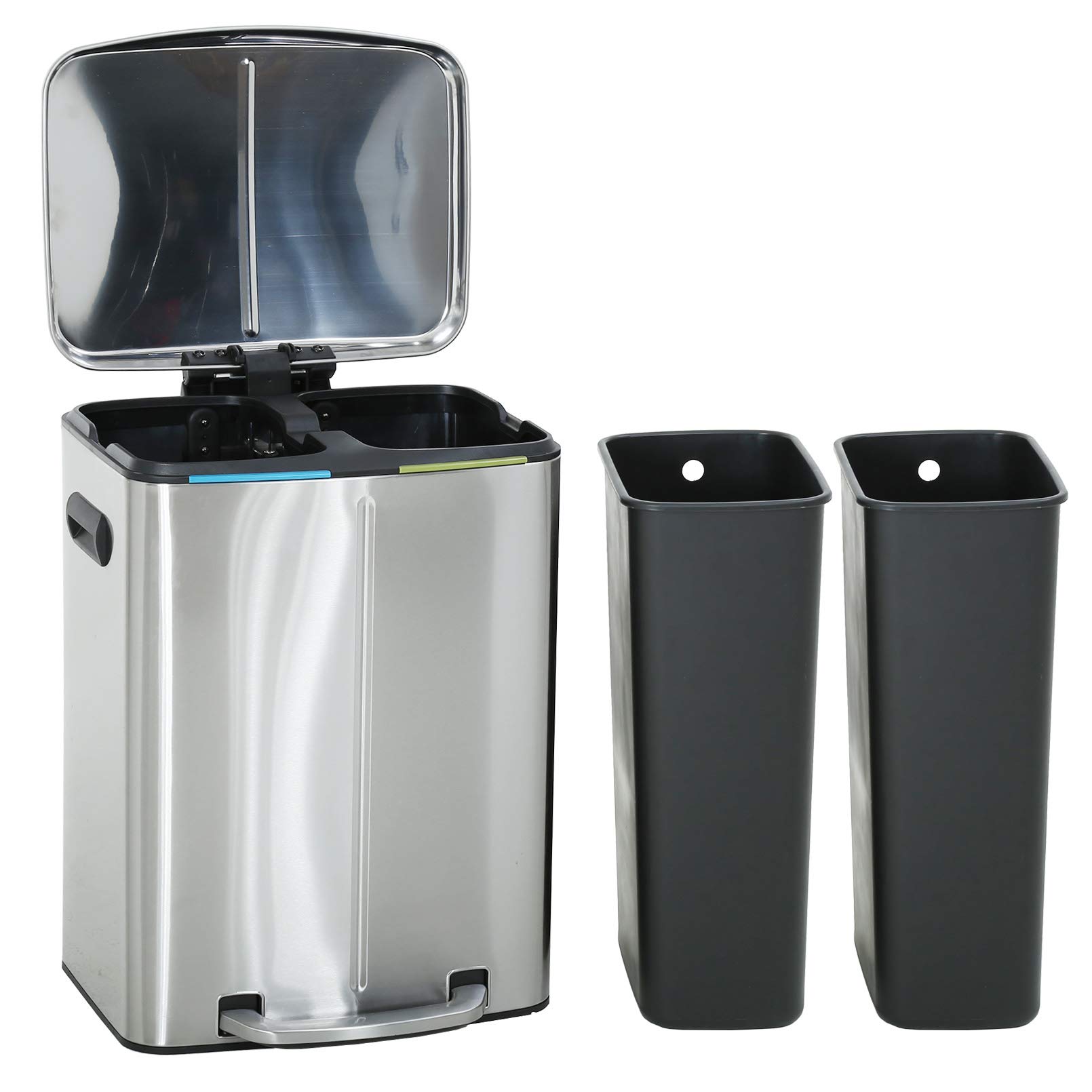 10 Gallon 40L Stainless Steel Step Trash Can with Lid - Heavy Duty Metal Garbage Bin for Office, Kitchen, Bathroom & Outdoor Use - Includes 2 Removable Liner Buckets for Easy Waste Disposal & Recycling