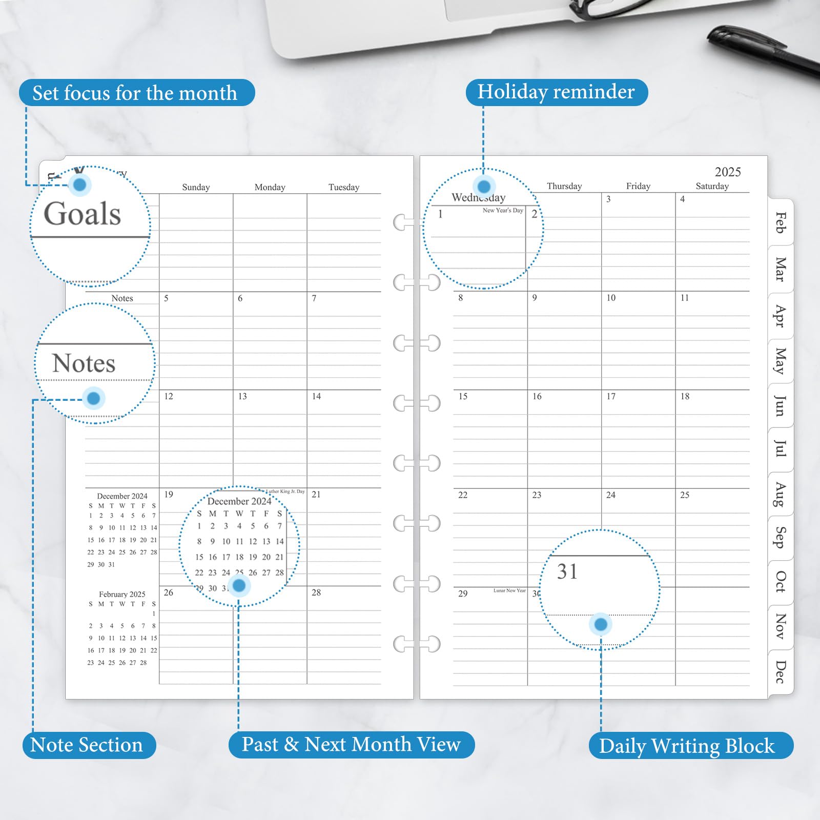 2025 Monthly Planner Refill - 12-Month Calendar with Tabs for 8-Disc Discbound Notebooks, 5.5