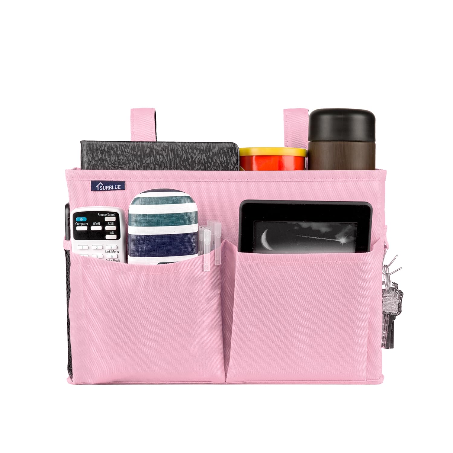Surblue Hanging Bed Organizer - 8 Pocket Storage Bag for Bunk Beds, Hospital Beds & Dorm Rooms | Space-Saving Solution for Baby Bed Rails & Camping (Small, Pink) | Perfect for College Students, Parents & Travelers