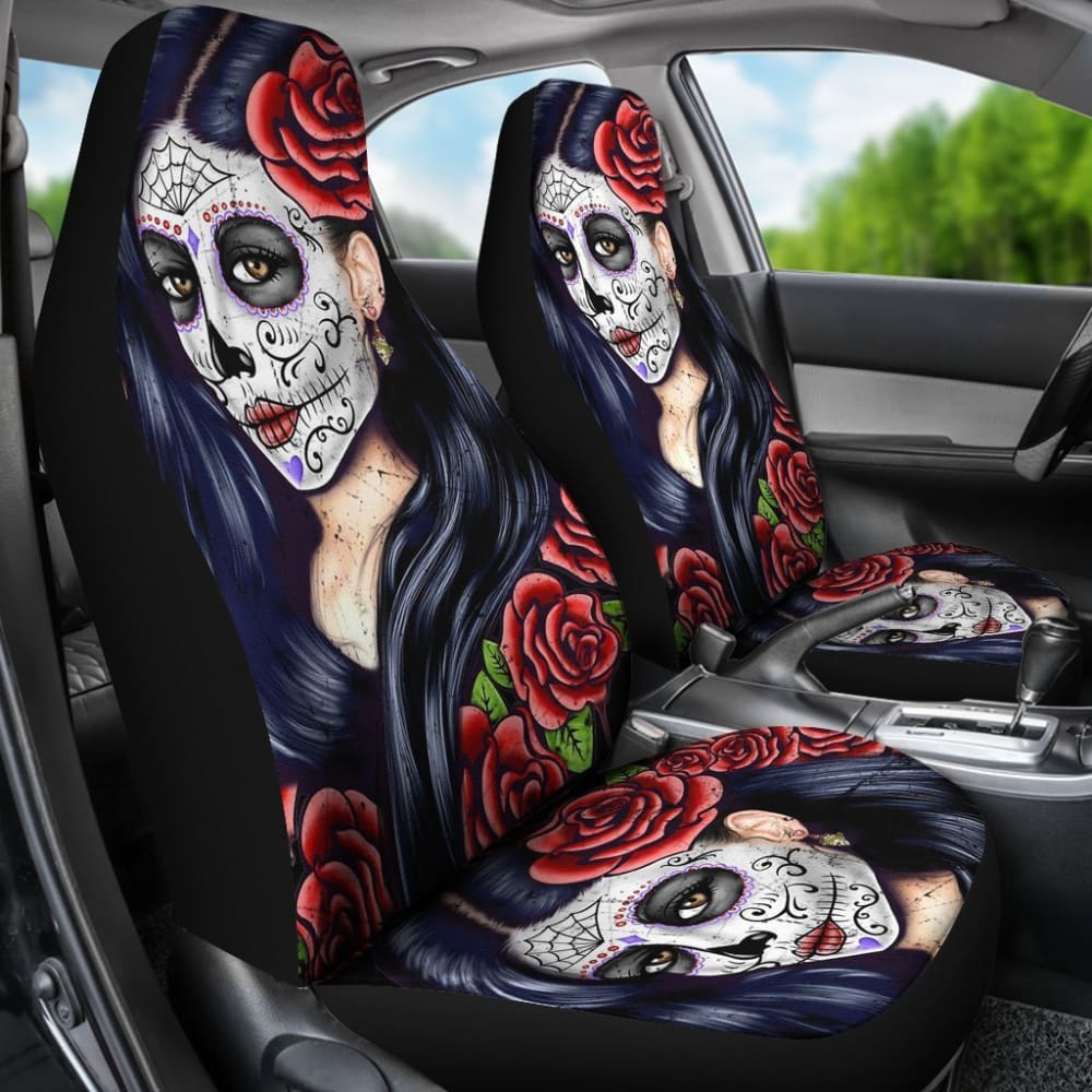 2 Pcs Sugar Skull Girl Car Seat Covers - Gothic Mexican Day of the Dead Design - Universal Fit for Most Vehicles - Perfect for Halloween, Dia de los Muertos & Car Decor