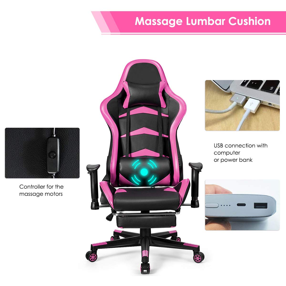 GOFLAME Ergonomic Gaming Chair - Racing Style High Back Office Chair with Adjustable Lumbar Support, Headrest, Footrest & Massage Function | Perfect for PC Gaming, Home Office & Esports Setup