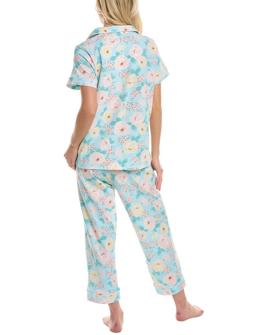 BedHead Pajamas Women's Short Sleeve Cropped Pajama Set - Athena's Garden Print - Size MD (US 8-10) - Soft Cotton Sleepwear for Lounge & Relaxation