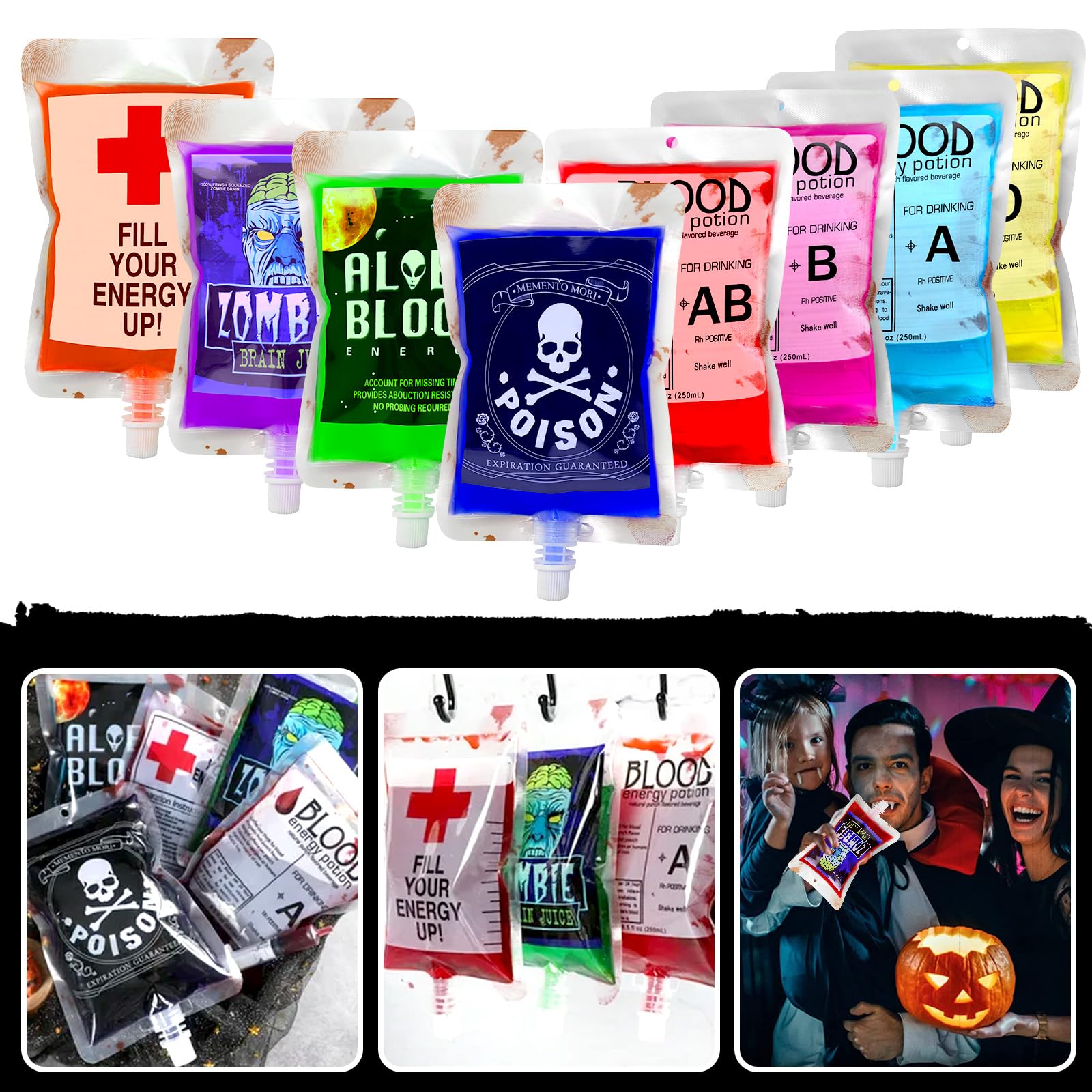24 Pack Halloween Blood Bags Party Supplies - Hifunwu Fake Blood IV Bags for Halloween Decorations, Haunted House Props, and Horror Movie Costume Accessories