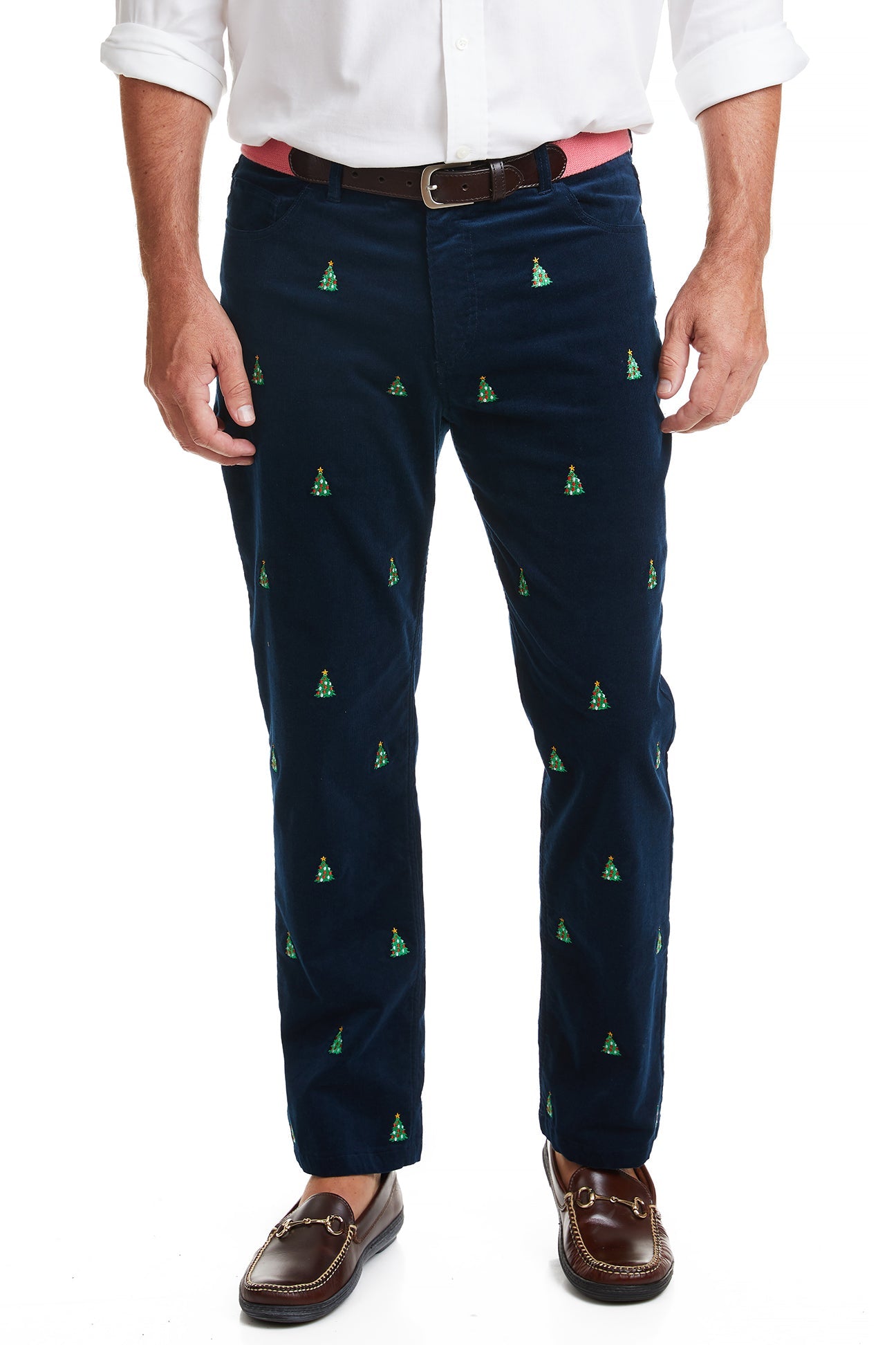 Wayfarer 5 Pocket Pinwale Corduroy Pants for Men - Nantucket Navy with Christmas Tree Design | Comfortable Casual Winter Trousers for Holiday Parties & Office Wear