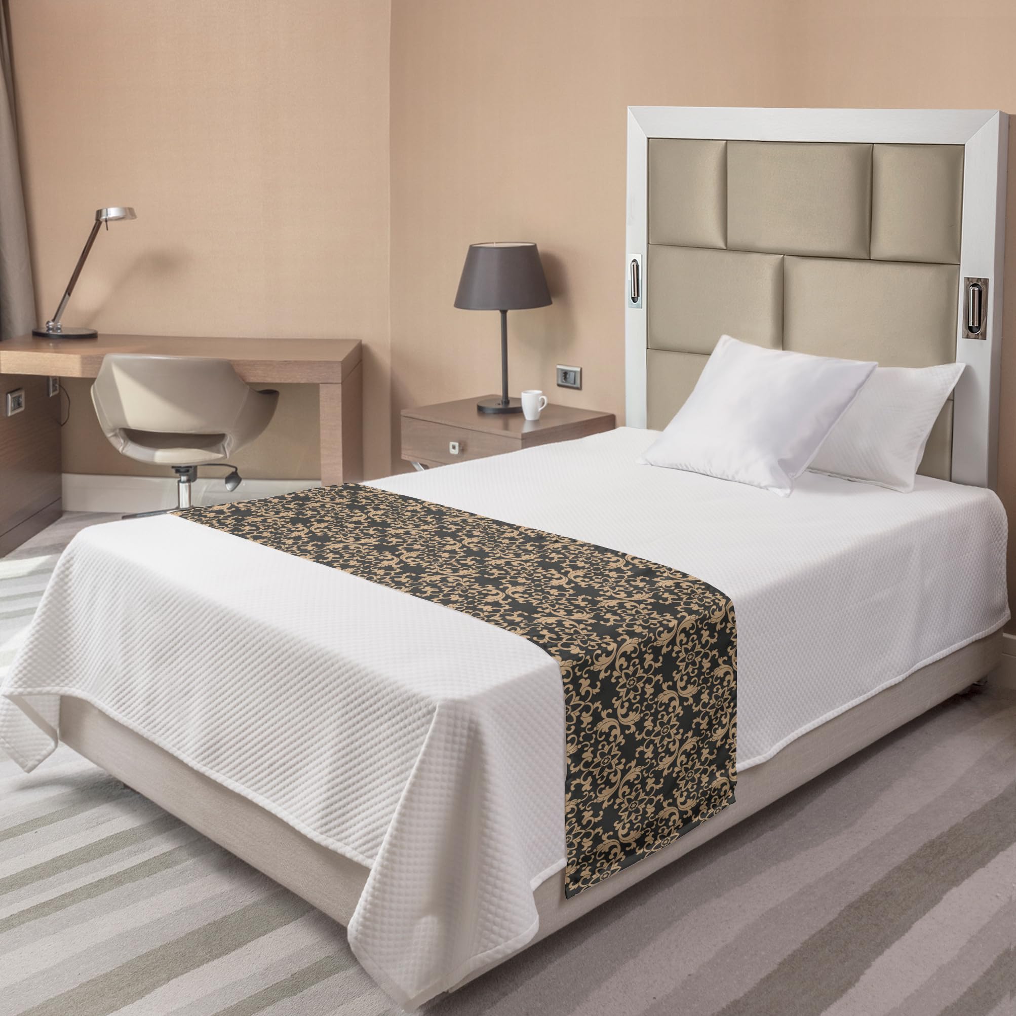 Ambesonne Antique Oriental Bed Runner - Eastern Spiral Damask Floral Design Decorative Bed Scarf for Hotels, Homes & Guest Rooms in Tan/Dark Sepia | Perfect for Bedroom Decor, Wedding Accents & Luxury Interior Styling