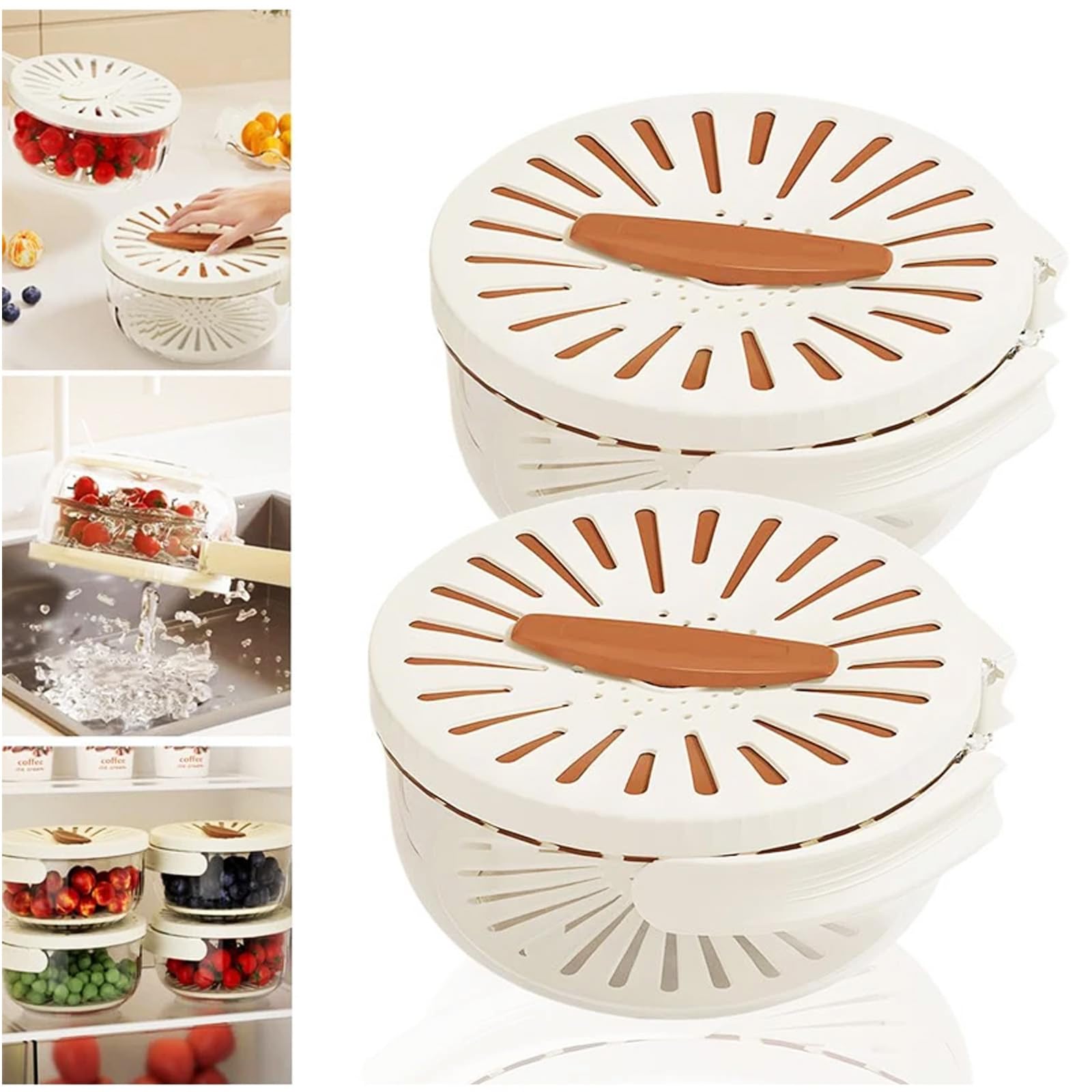 Premium Fruit Strainer Container with Lid - Multifunctional Plastic Kitchen Drain Basket for Washing Vegetables & Fruits - Foldable Handle, 2-in-1 Draining & Storage Basket (Orange) - Perfect for Salad Prep, Berry Cleaning & Kitchen Organization