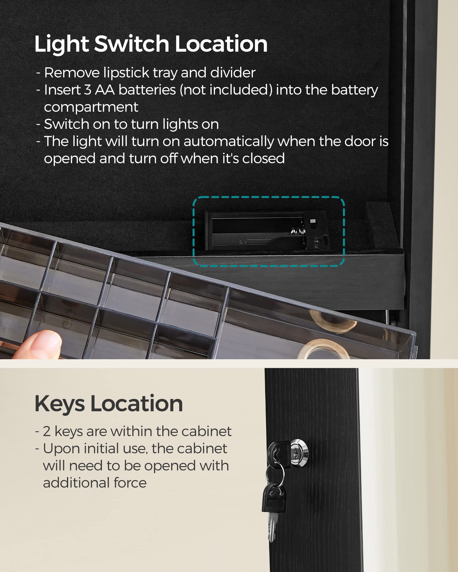 SONGMICS Full-Length LED Jewelry Cabinet with Mirror - Black Standing Armoire Organizer with 2 Drawers, Lockable Storage & Built-In Makeup Mirror | Perfect for Bedroom, Dressing Room & Closet Organization