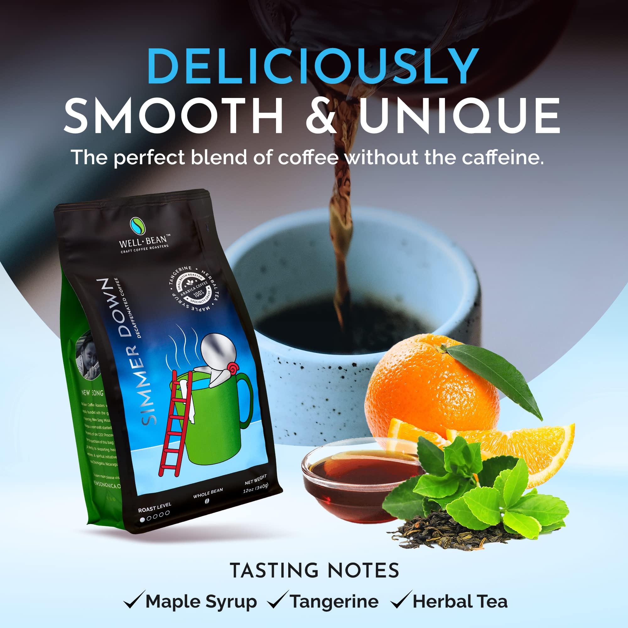 Well-Bean Coffee - Premium Colombian Decaf Whole Bean Coffee, Swiss Water Processed, Light Roast, Vegan Friendly, 12 oz - Perfect for Home Brewing, Office Use & Gifts