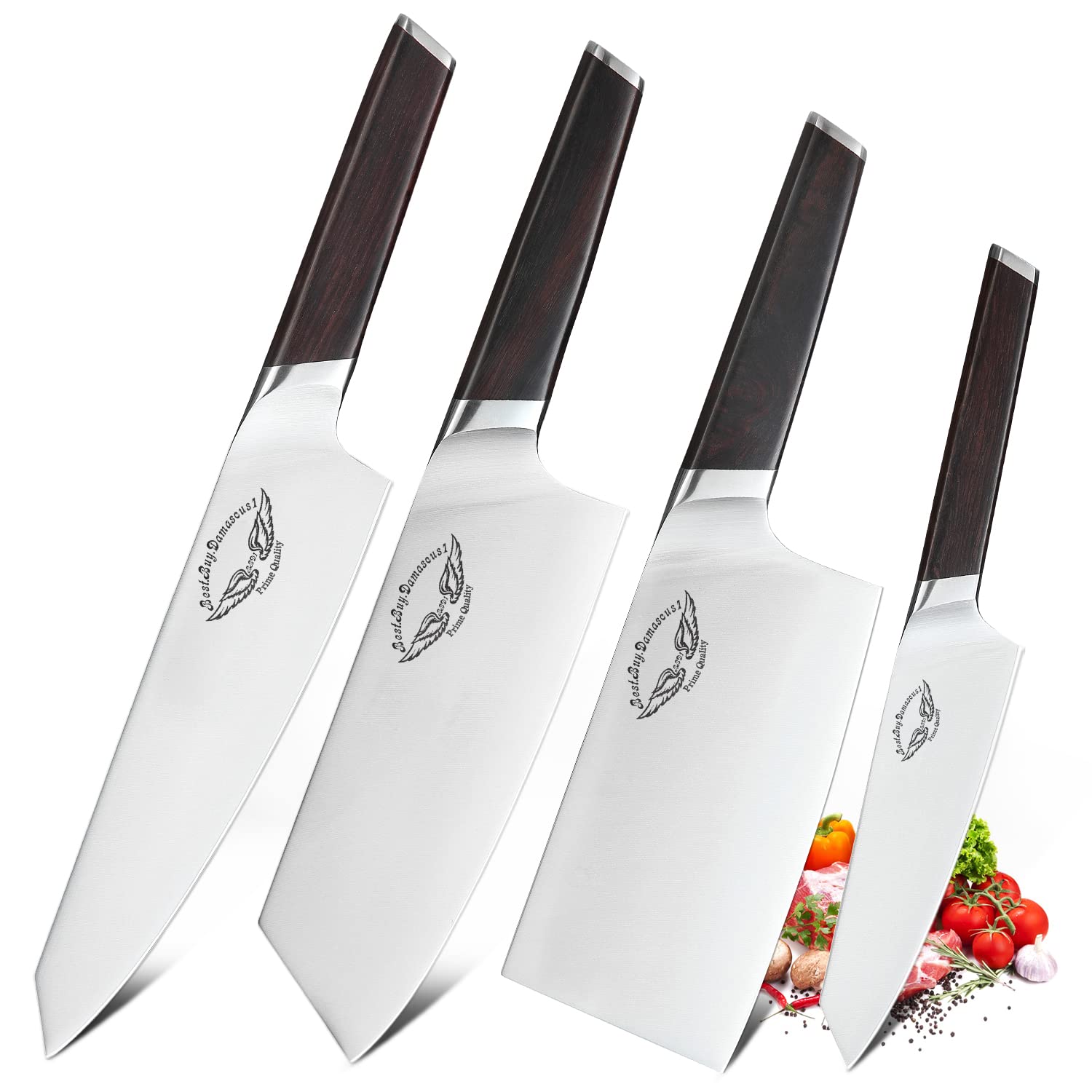 Premium Damascus 7-Piece German Stainless Steel Kitchen Knife Set with Walnut Wood Block - Professional Chef Knives for Cooking, Slicing, Chopping - Perfect for Home Kitchens & Culinary Gifts